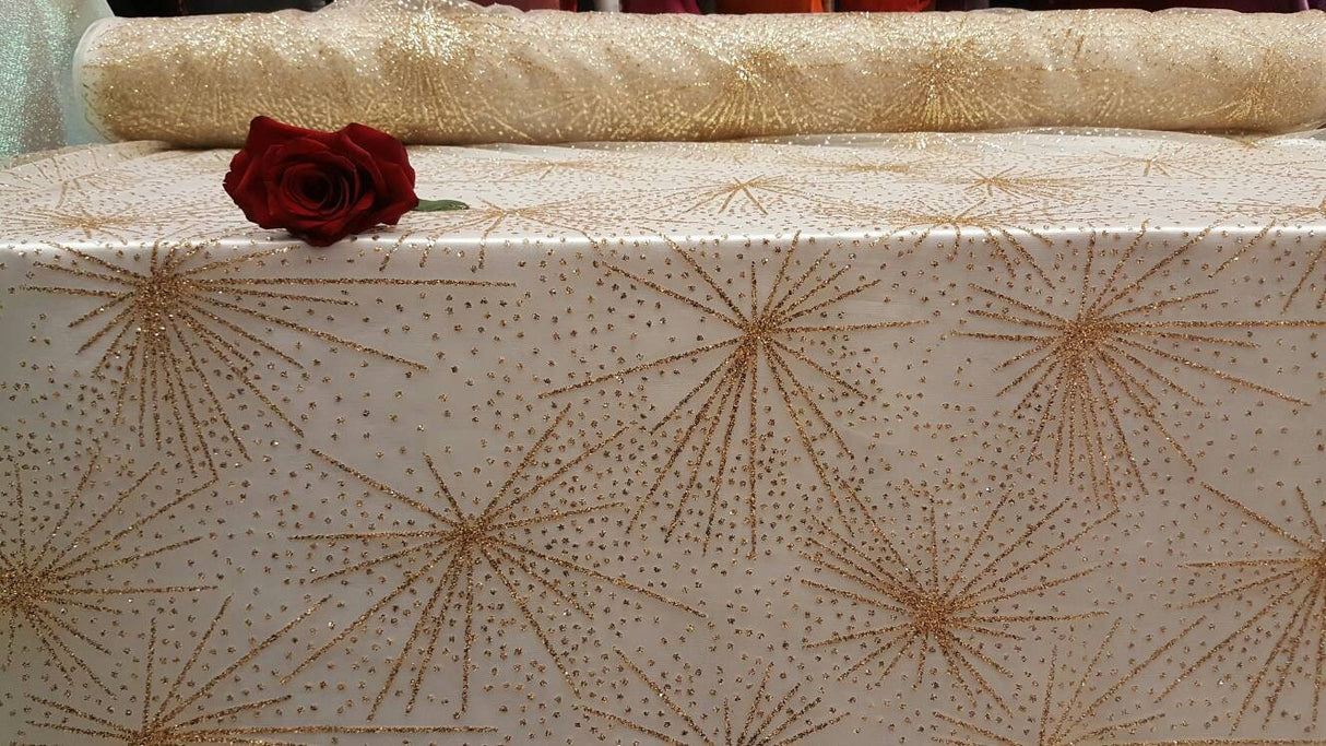 Gold Glitter Lace Stars Fabric