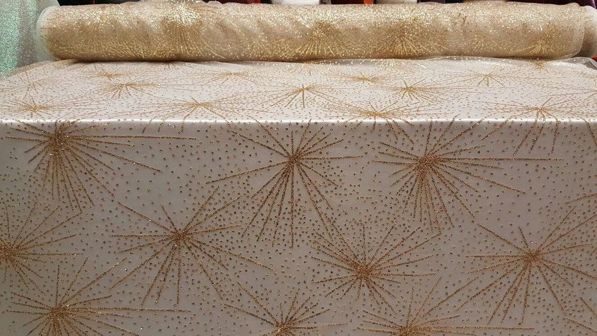 Gold Glitter Lace Stars Fabric