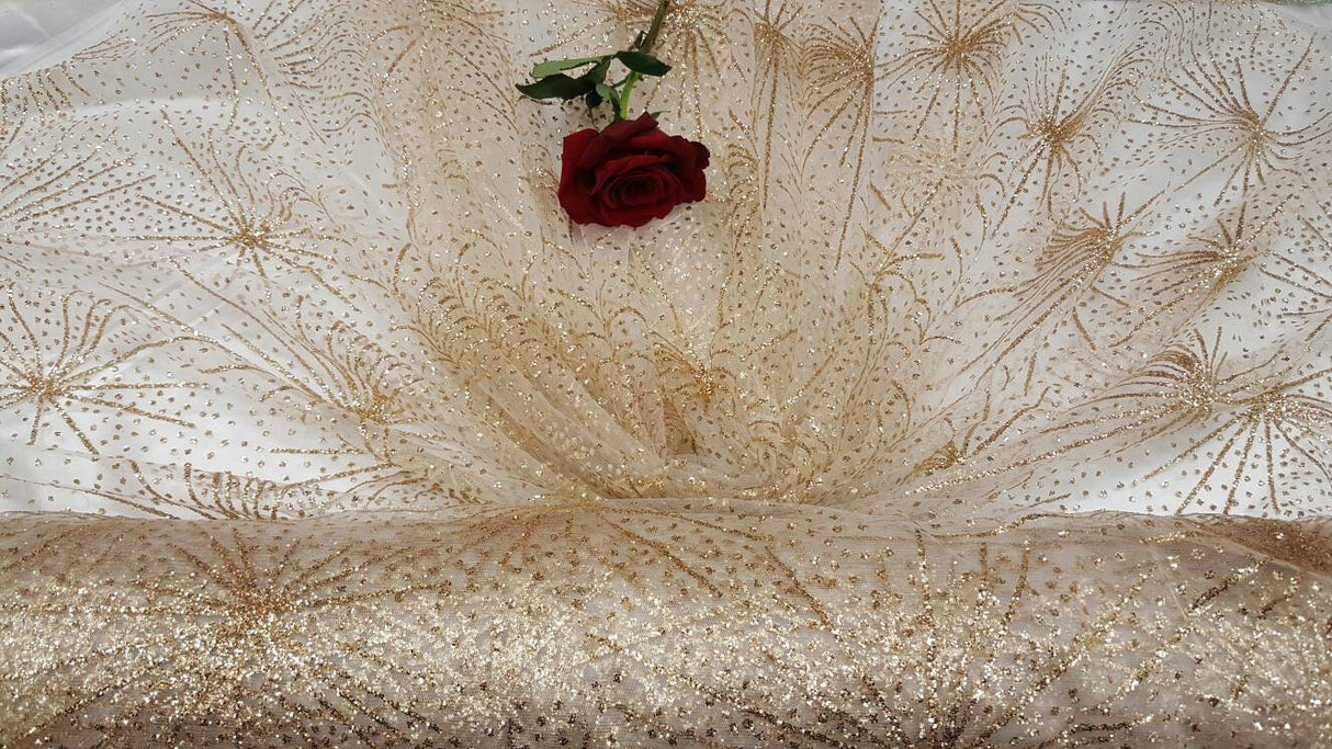 Gold Glitter Lace Stars Fabric