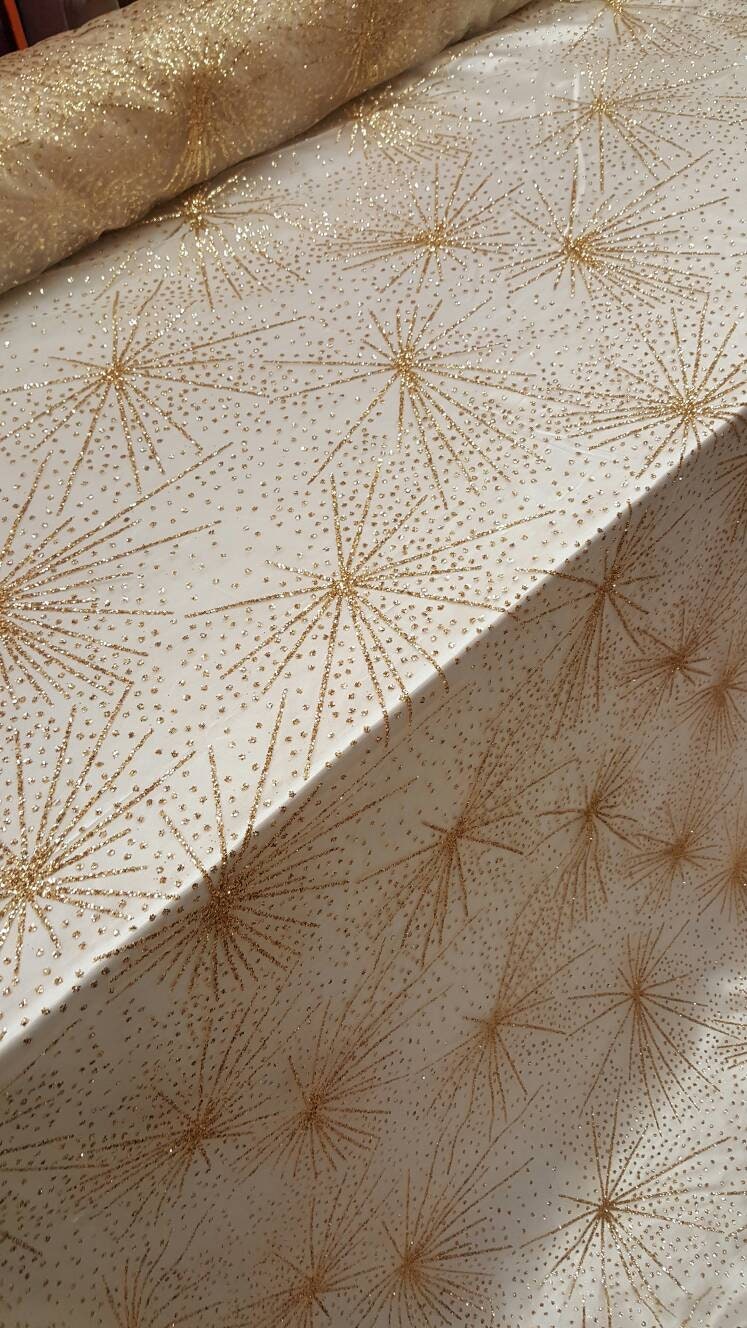 Gold Glitter Lace Stars Fabric