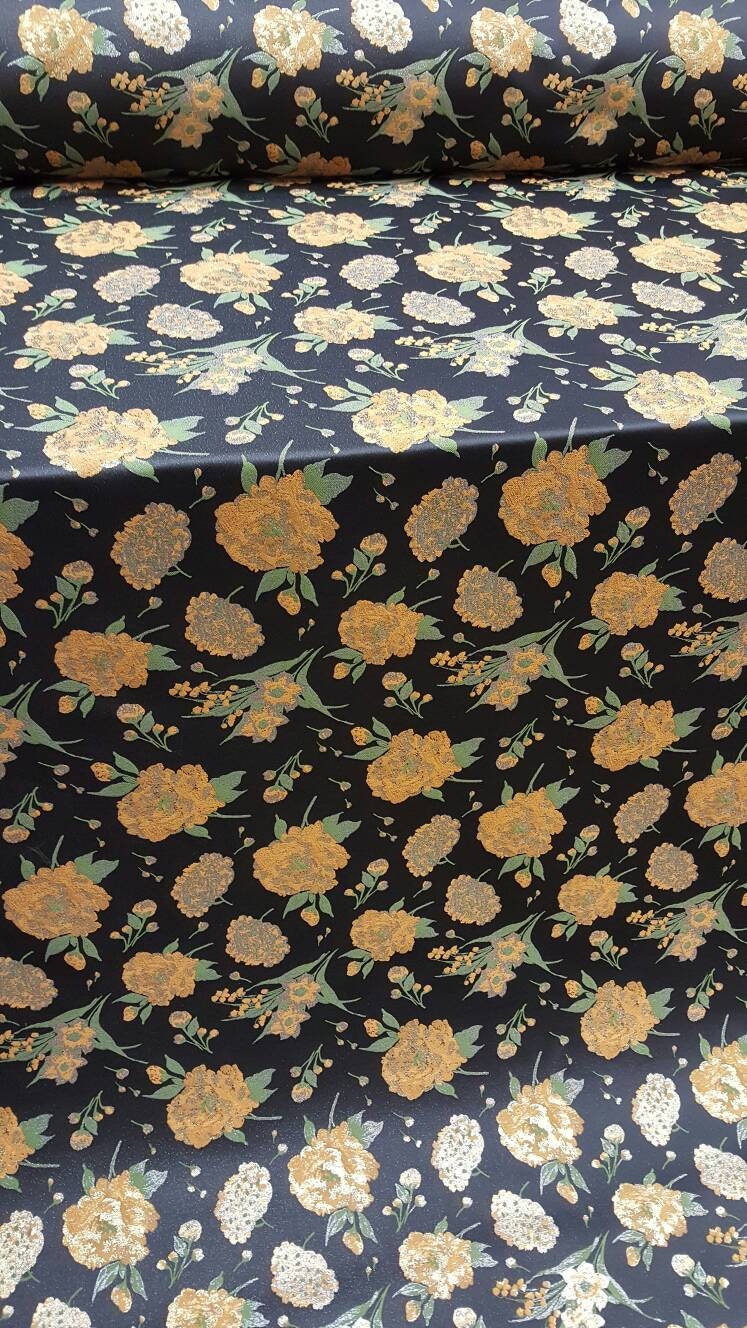 Brocade Jacquard Floral Black Gold Fabric