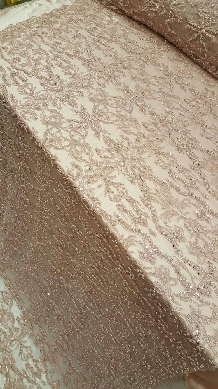 Beaded Lace Fabric Dusty Rose Damask