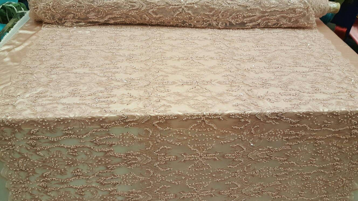 Beaded Lace Fabric Dusty Rose Damask