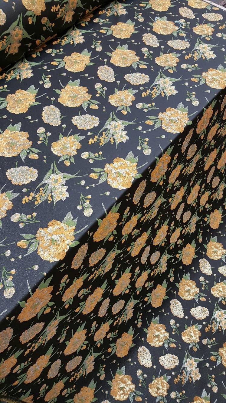 Brocade Jacquard Floral Black Gold Fabric