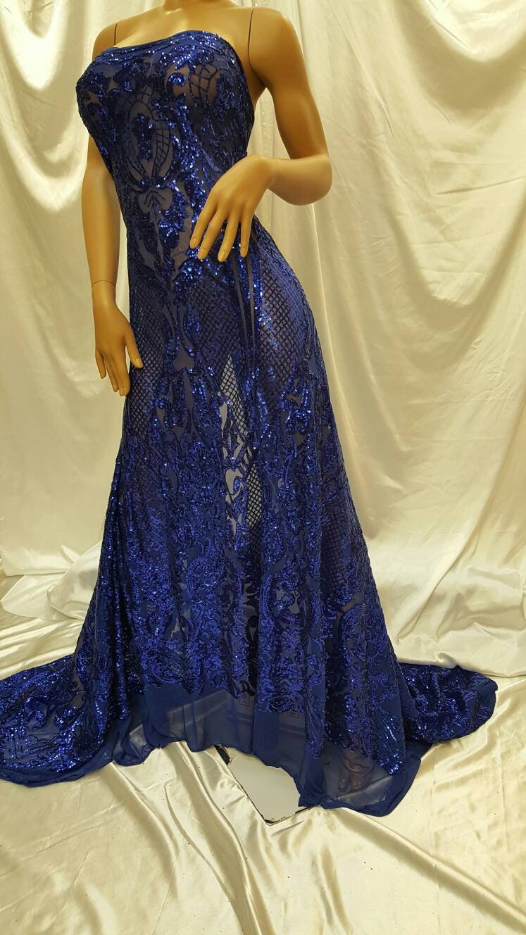 Sequin Lace on Stretch Mesh Royal Blue