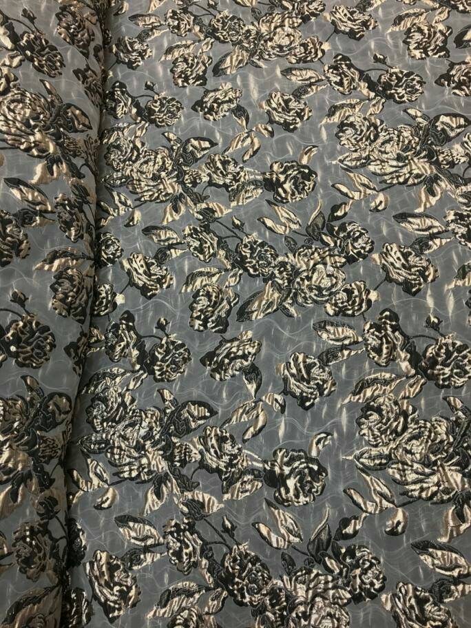 Brocade Jacquard Floral Metallic Gold and Black on Off White