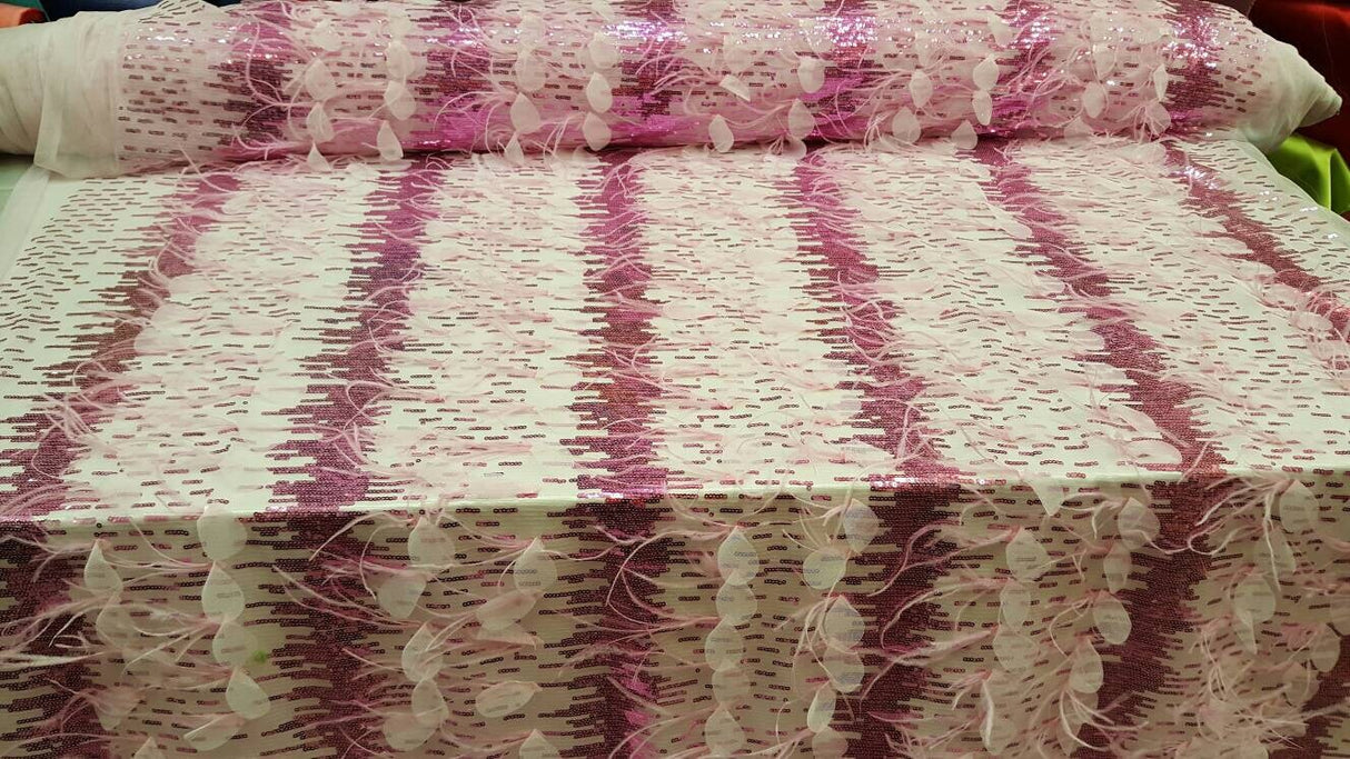 Fuchsia Lace Sequin Embroidered Pink Mesh Fabric
