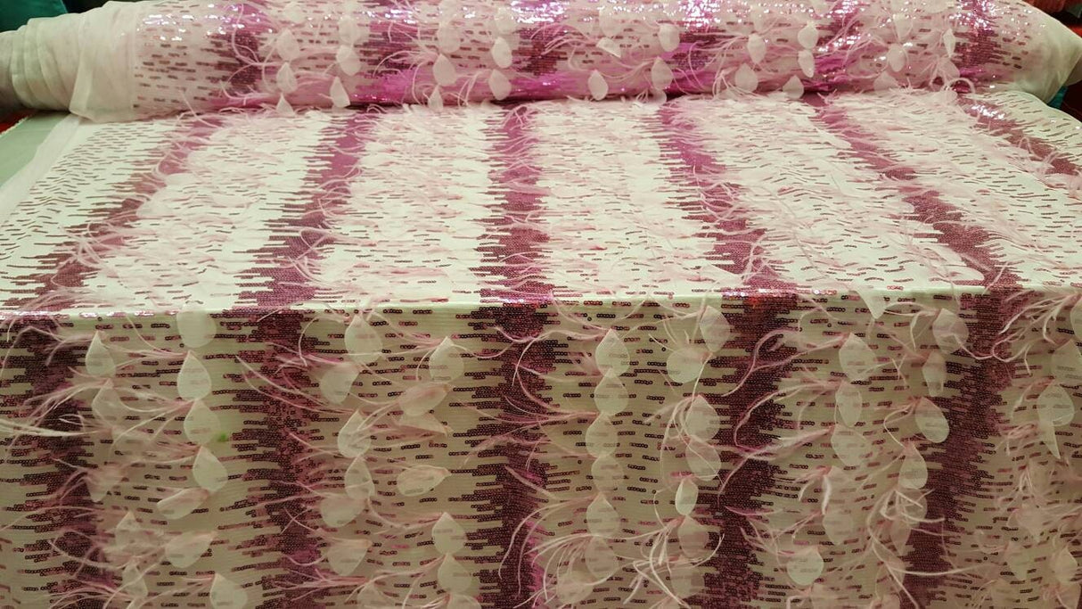 Fuchsia Lace Sequin Embroidered Pink Mesh Fabric