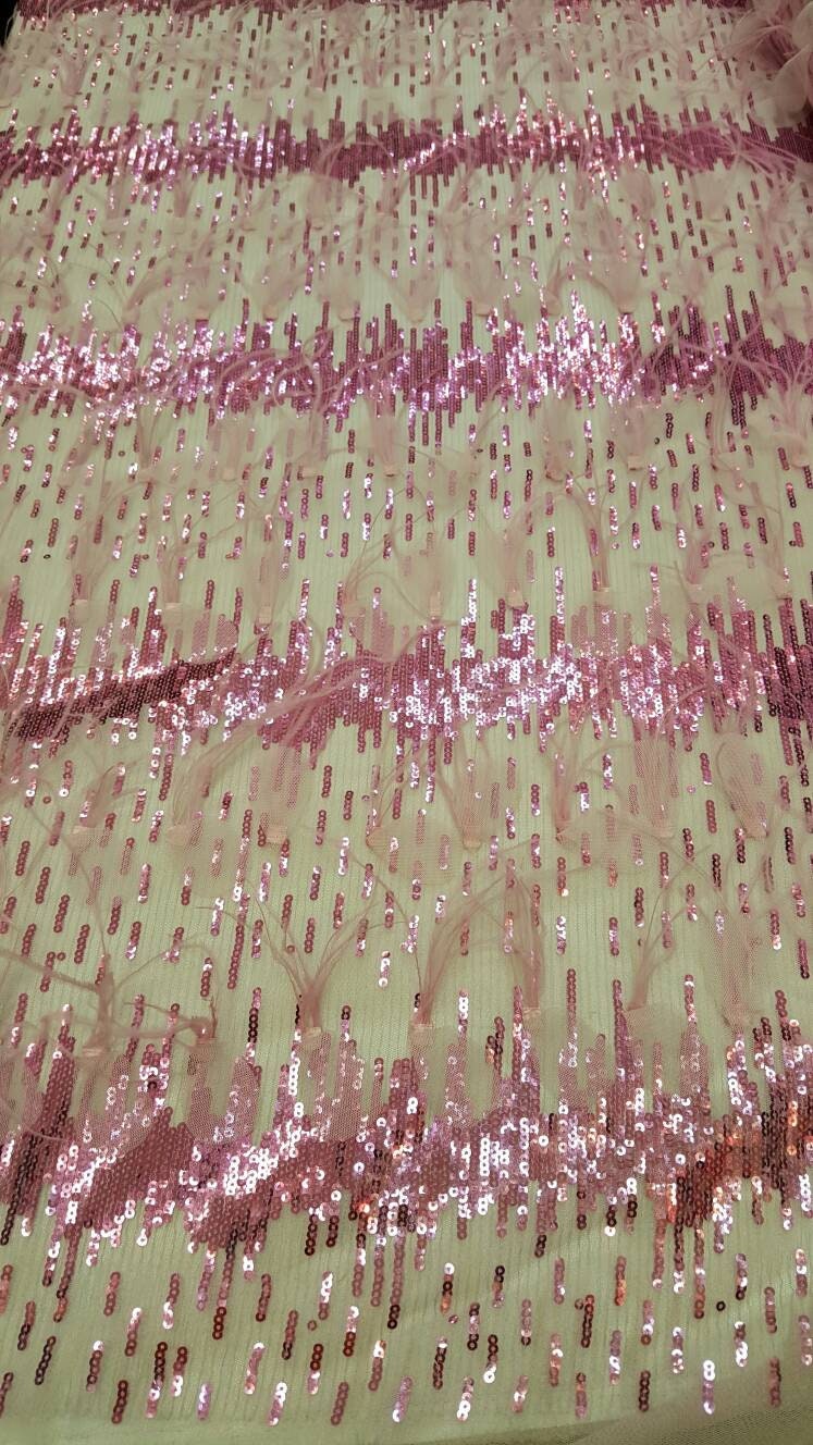 Fuchsia Lace Sequin Embroidered Pink Mesh Fabric