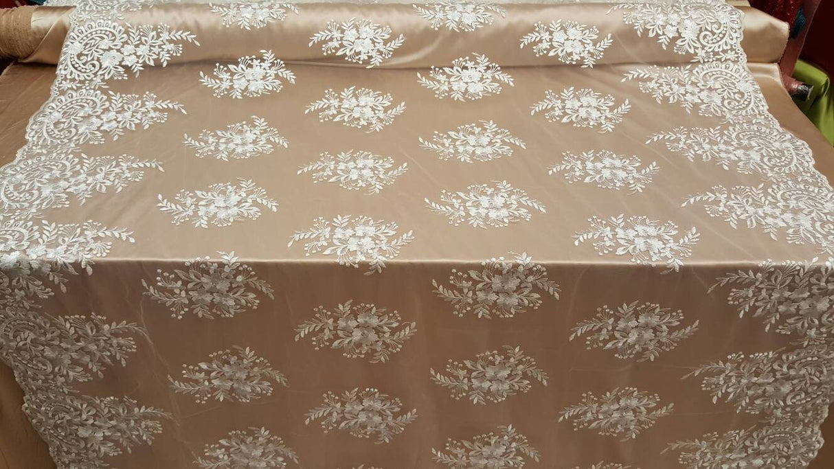 Embroidered Lace Floral Flowers on Mesh Off White