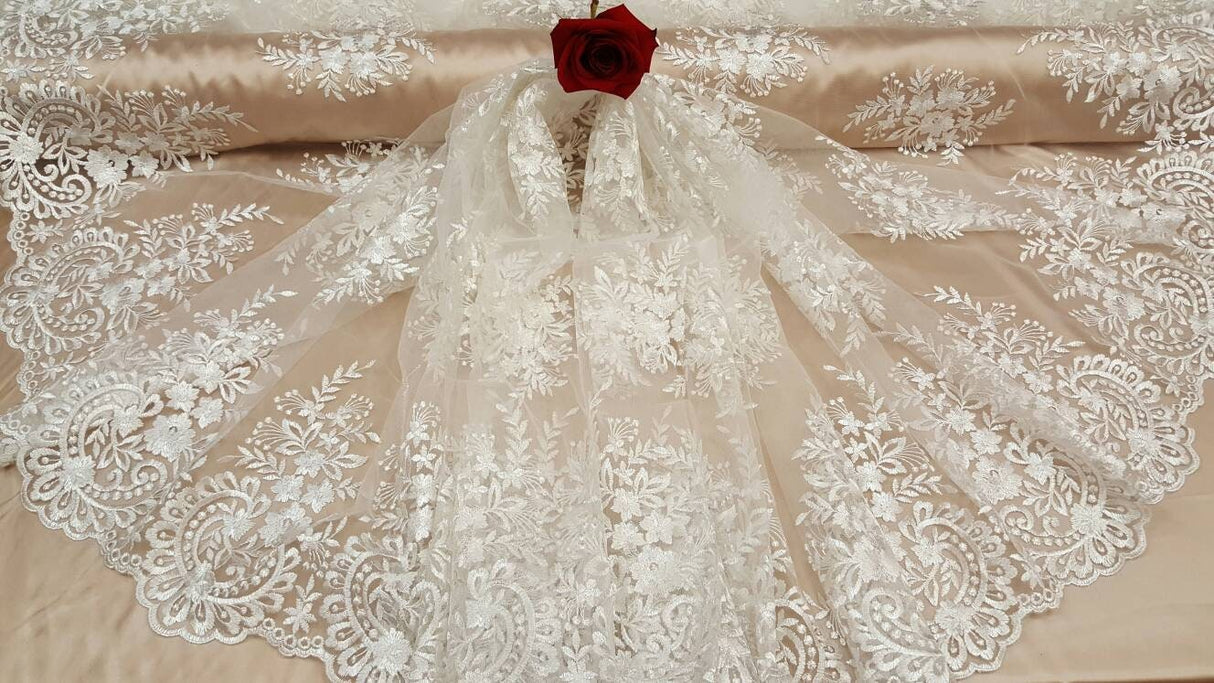 Embroidered Lace Floral Flowers on Mesh Off White