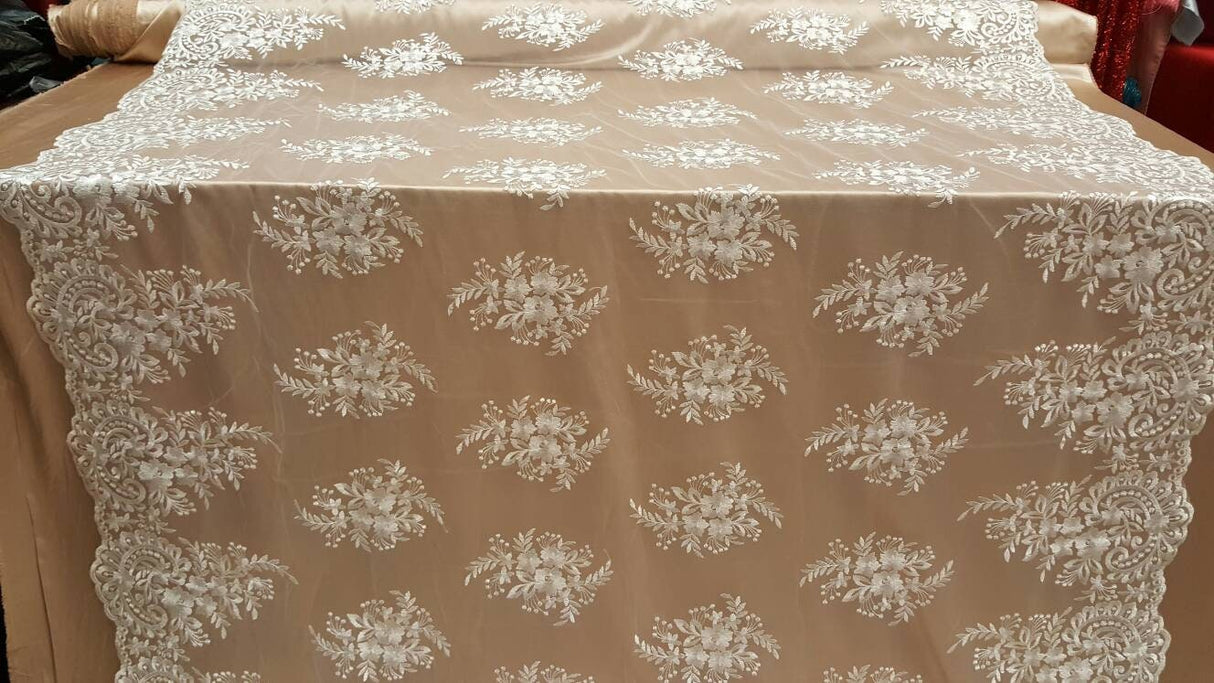 Embroidered Lace Floral Flowers on Mesh Off White