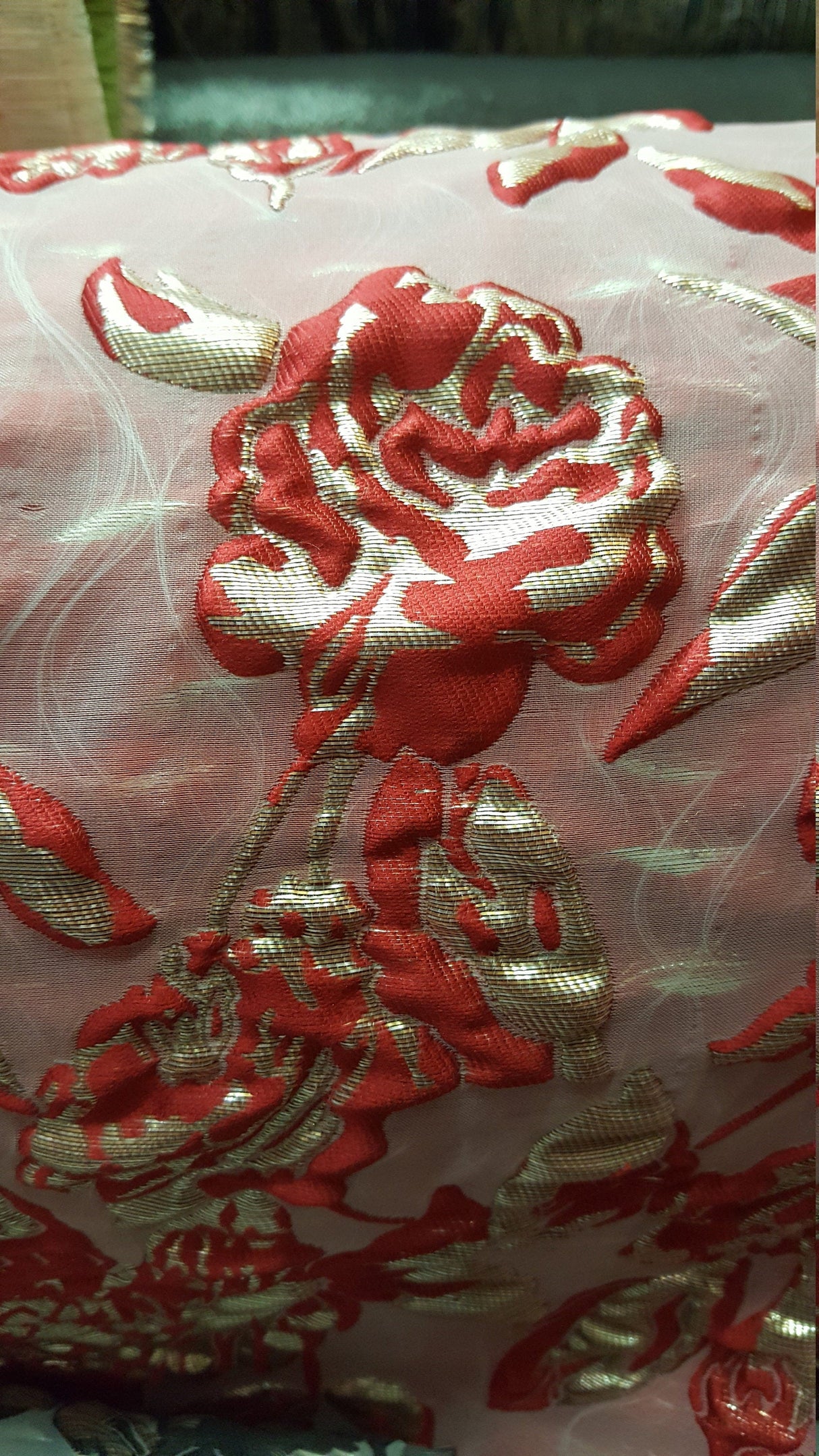 Brocade Jacquard Floral Red and Metallic Gold