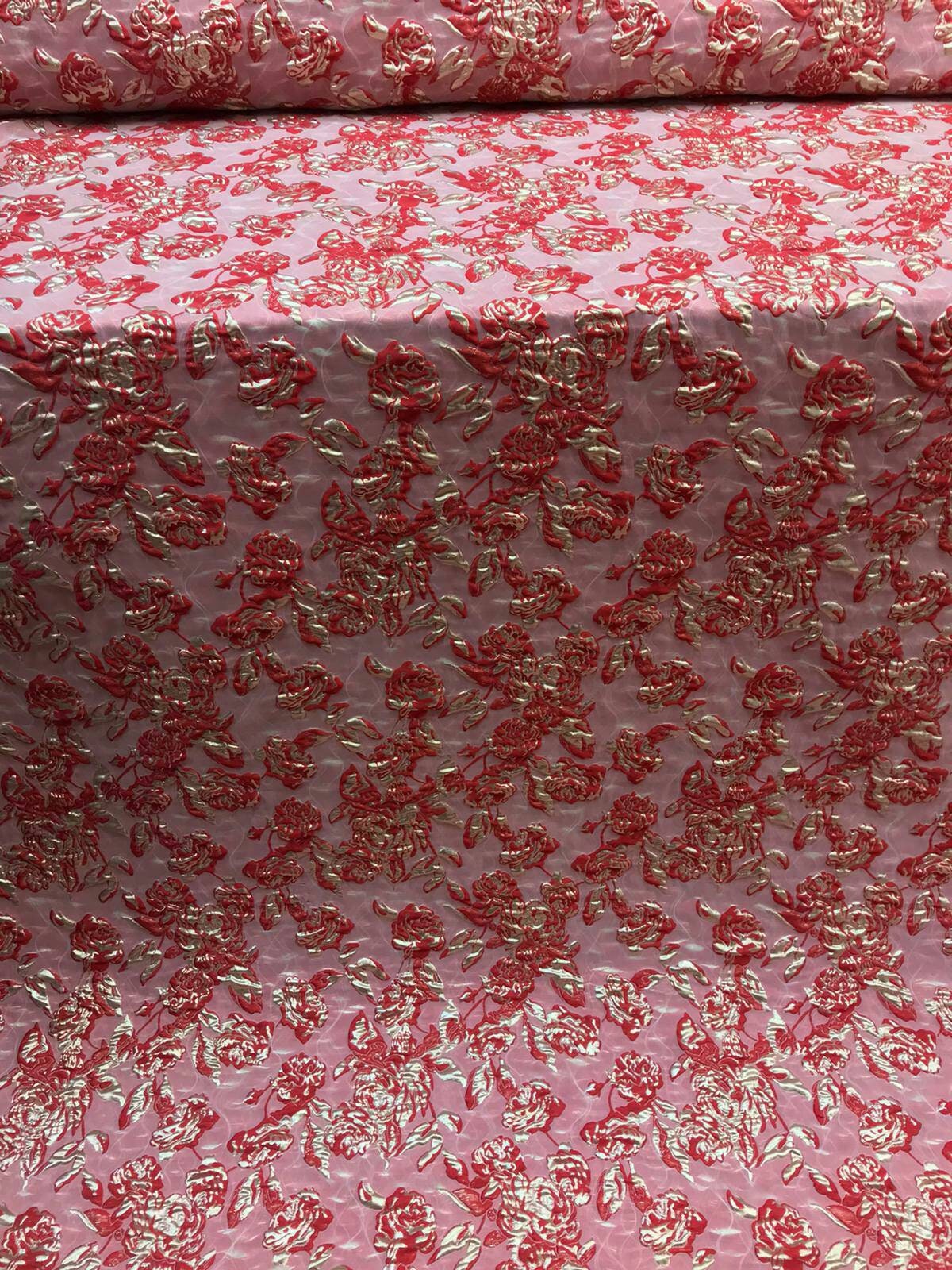 Brocade Jacquard Floral Red and Metallic Gold