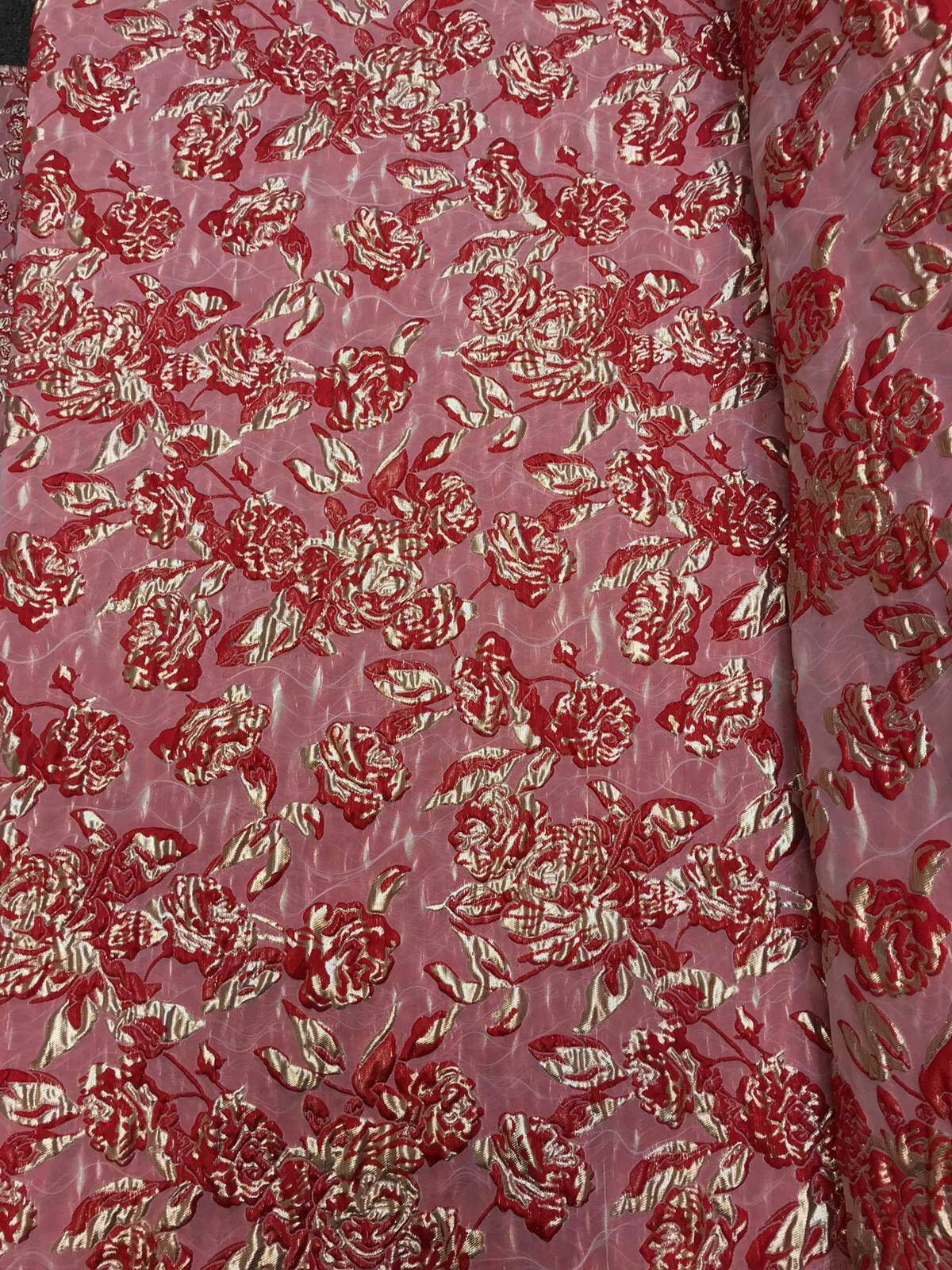 Brocade Jacquard Floral Red and Metallic Gold