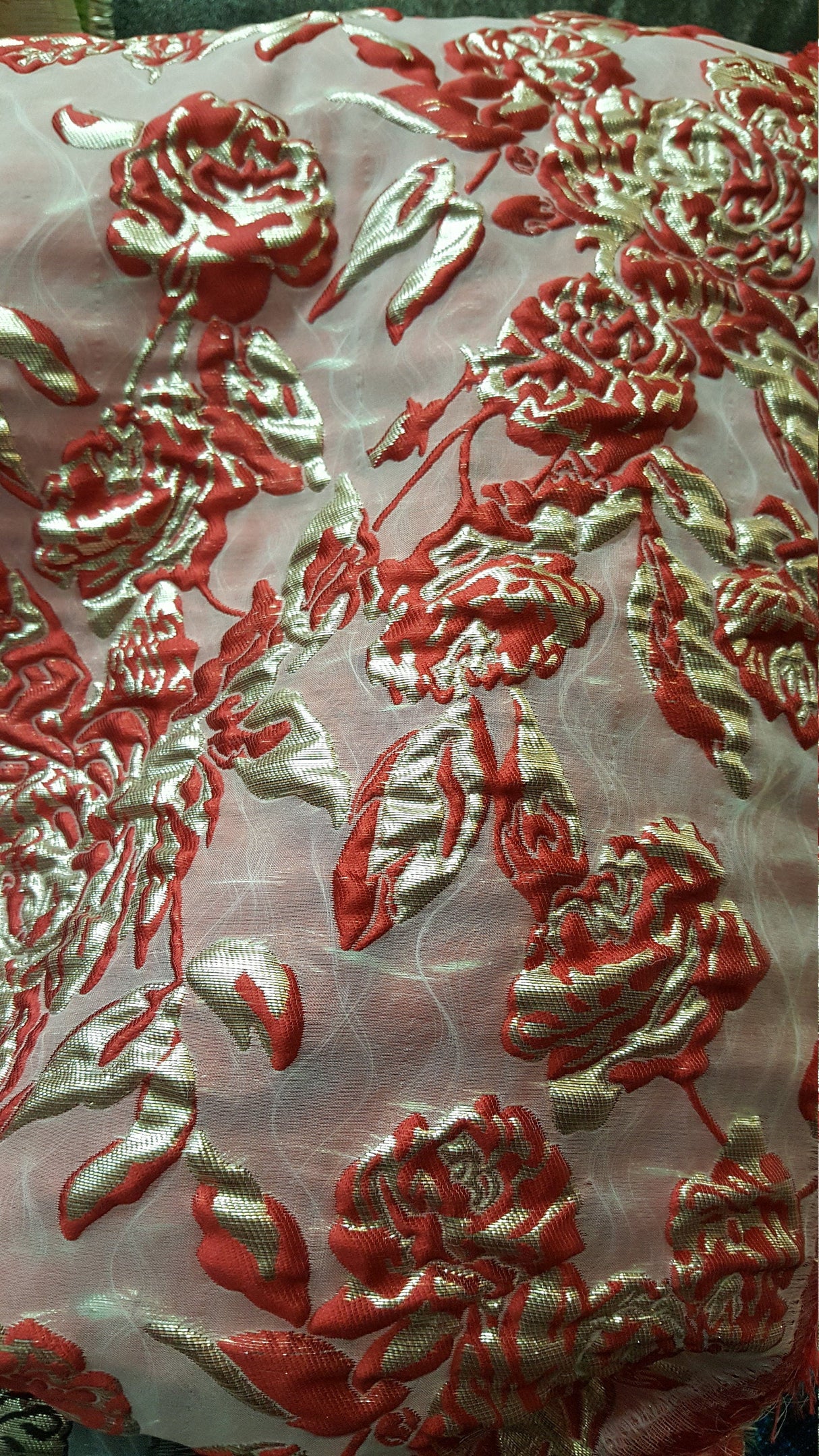 Brocade Jacquard Floral Red and Metallic Gold