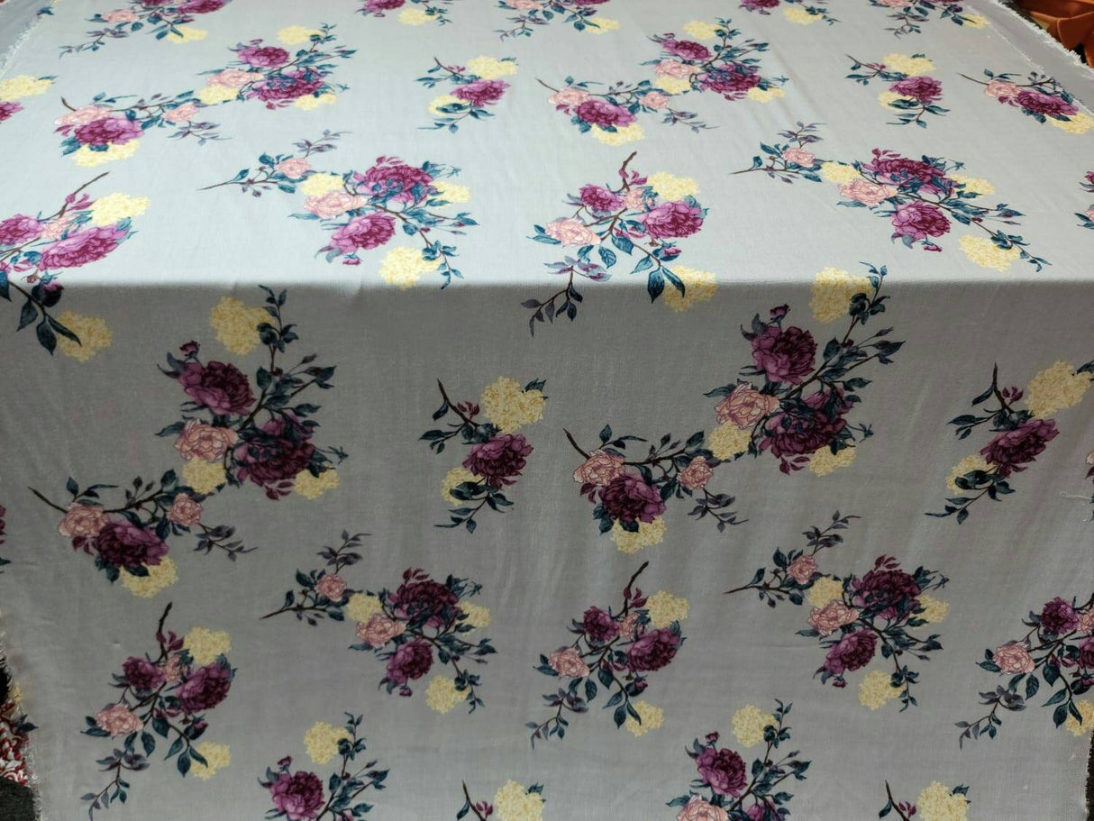 Rayon Challis Floral Fabric Light Gray Pink