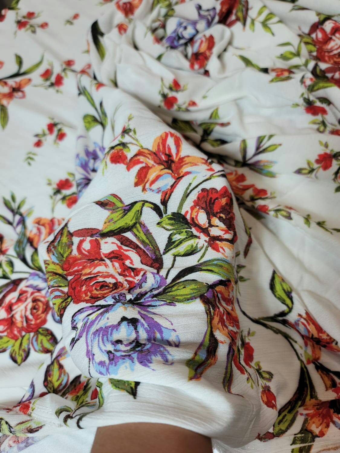 Rayon Challis Floral Print Off White