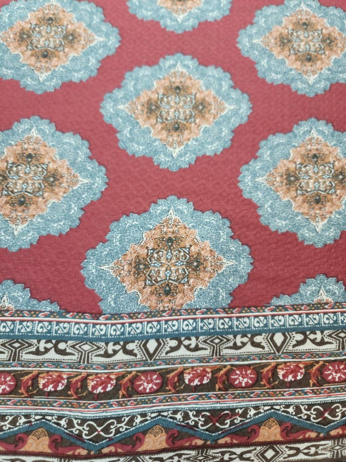 Rayon Challis Fabric Blue Ikat Burgundy
