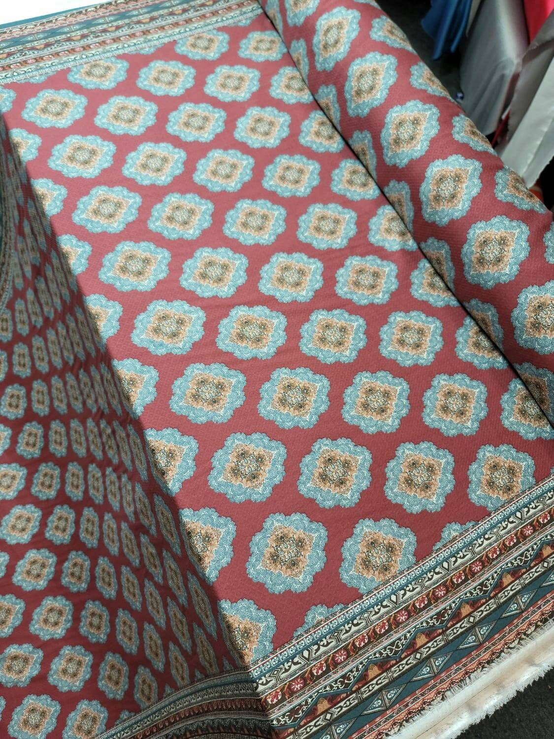 Rayon Challis Fabric Blue Ikat Burgundy