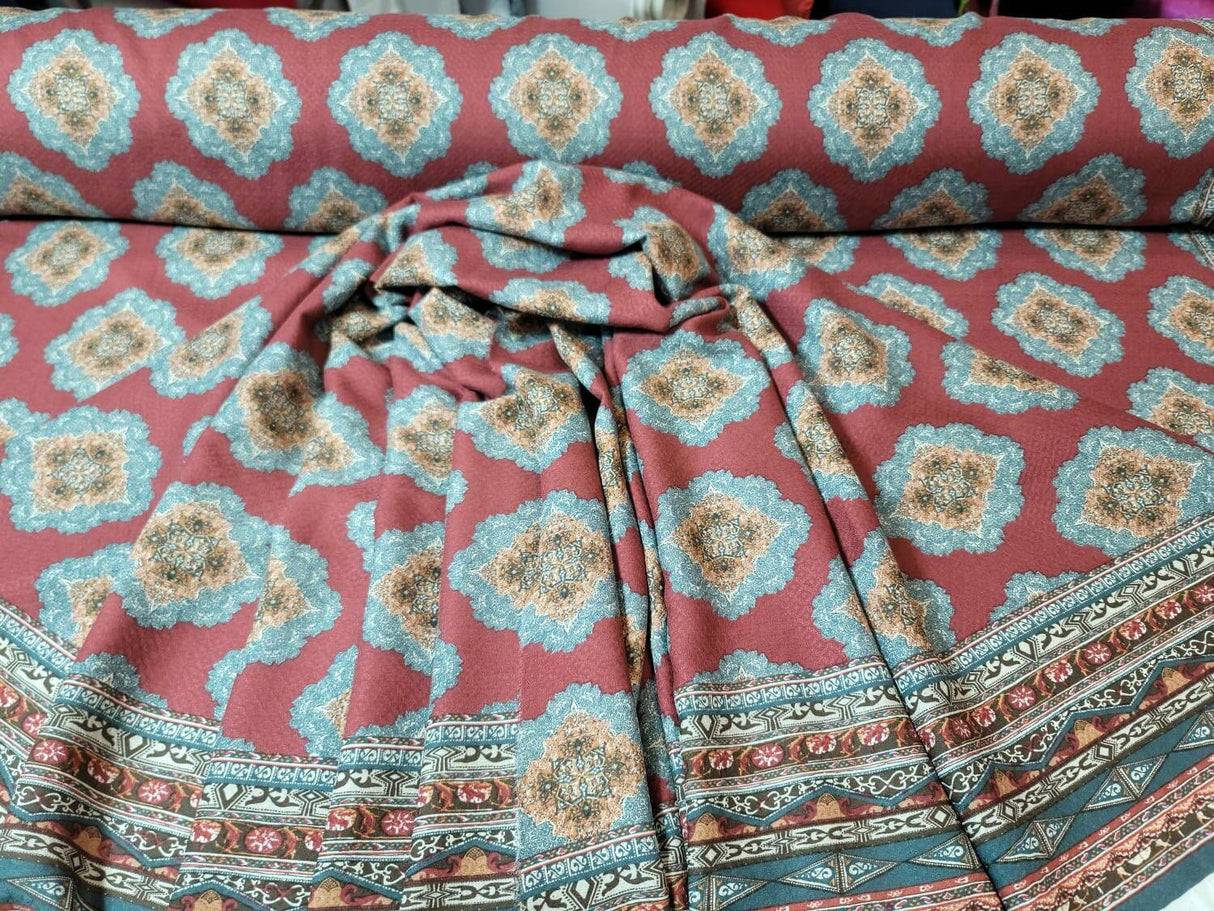 Rayon Challis Fabric Blue Ikat Burgundy