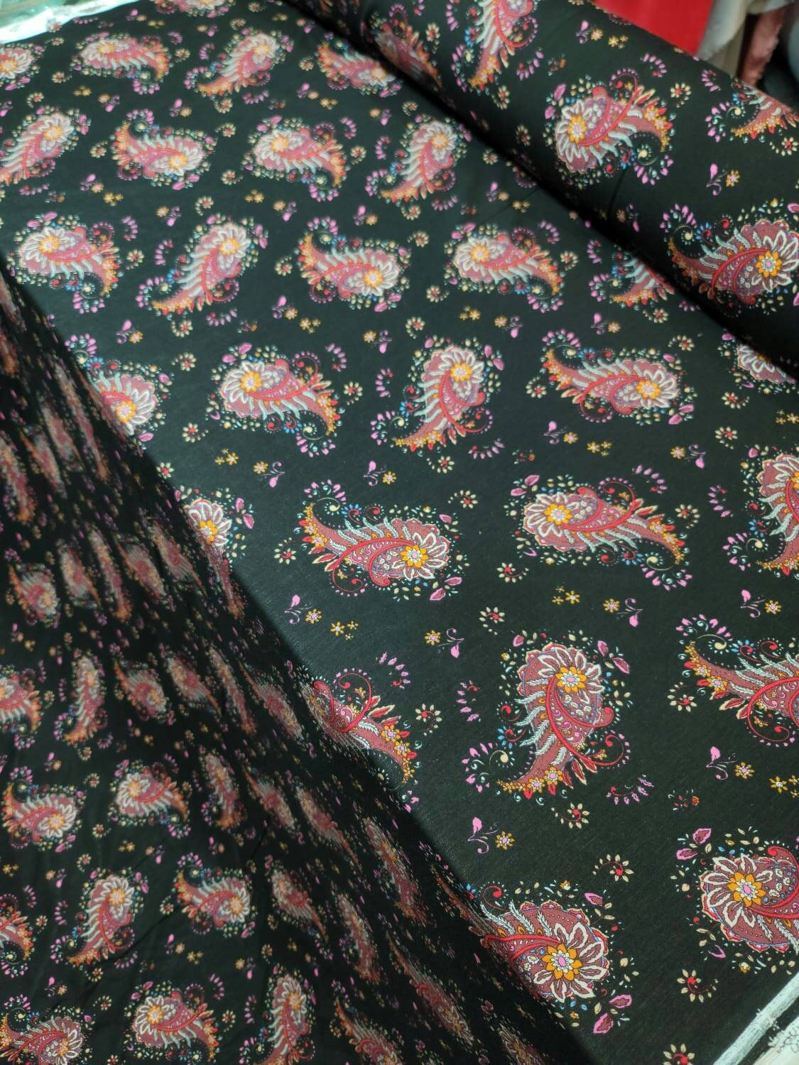 Rayon Challis Black Paisley Floral Print