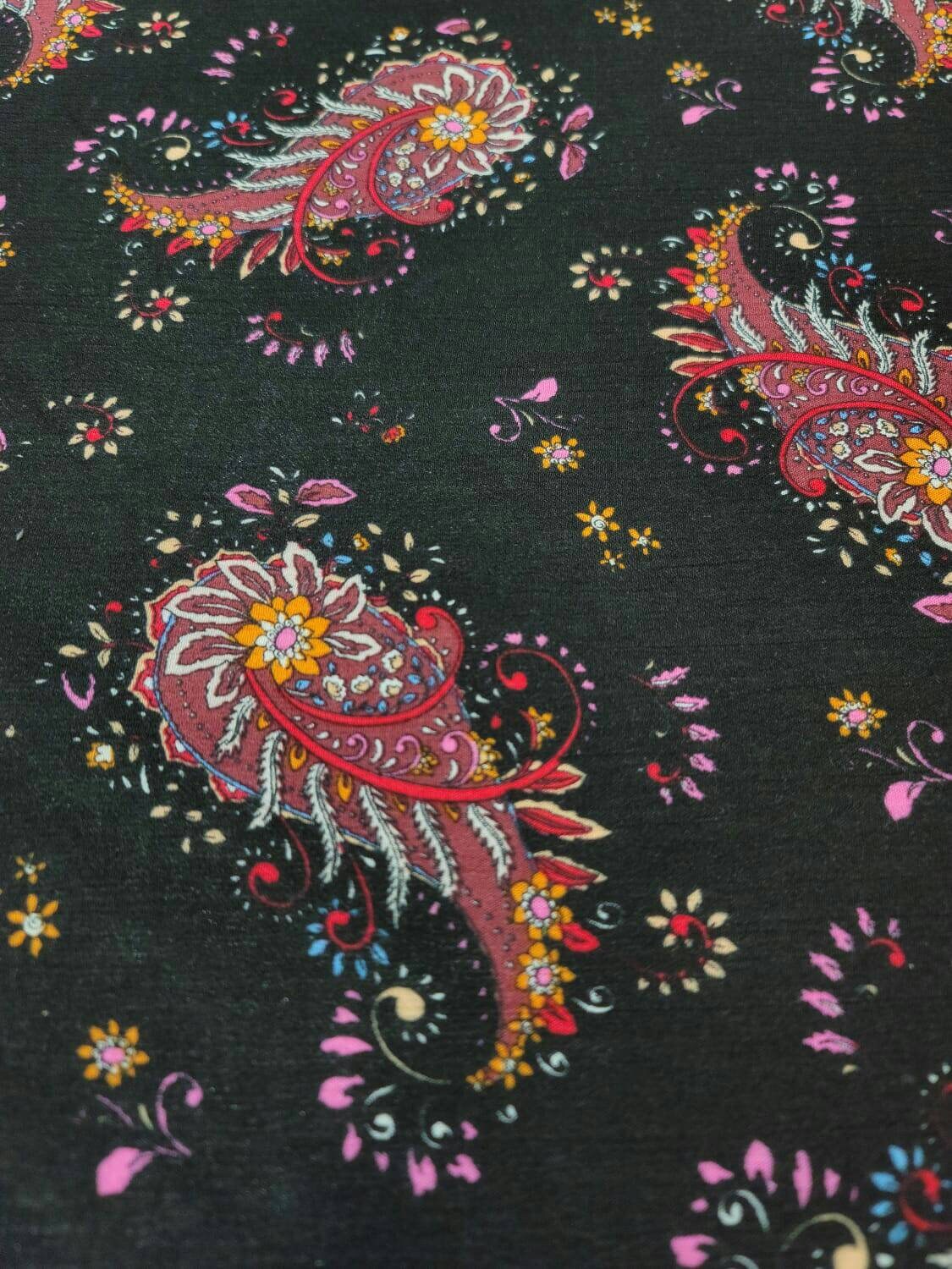 Rayon Challis Black Paisley Floral Print