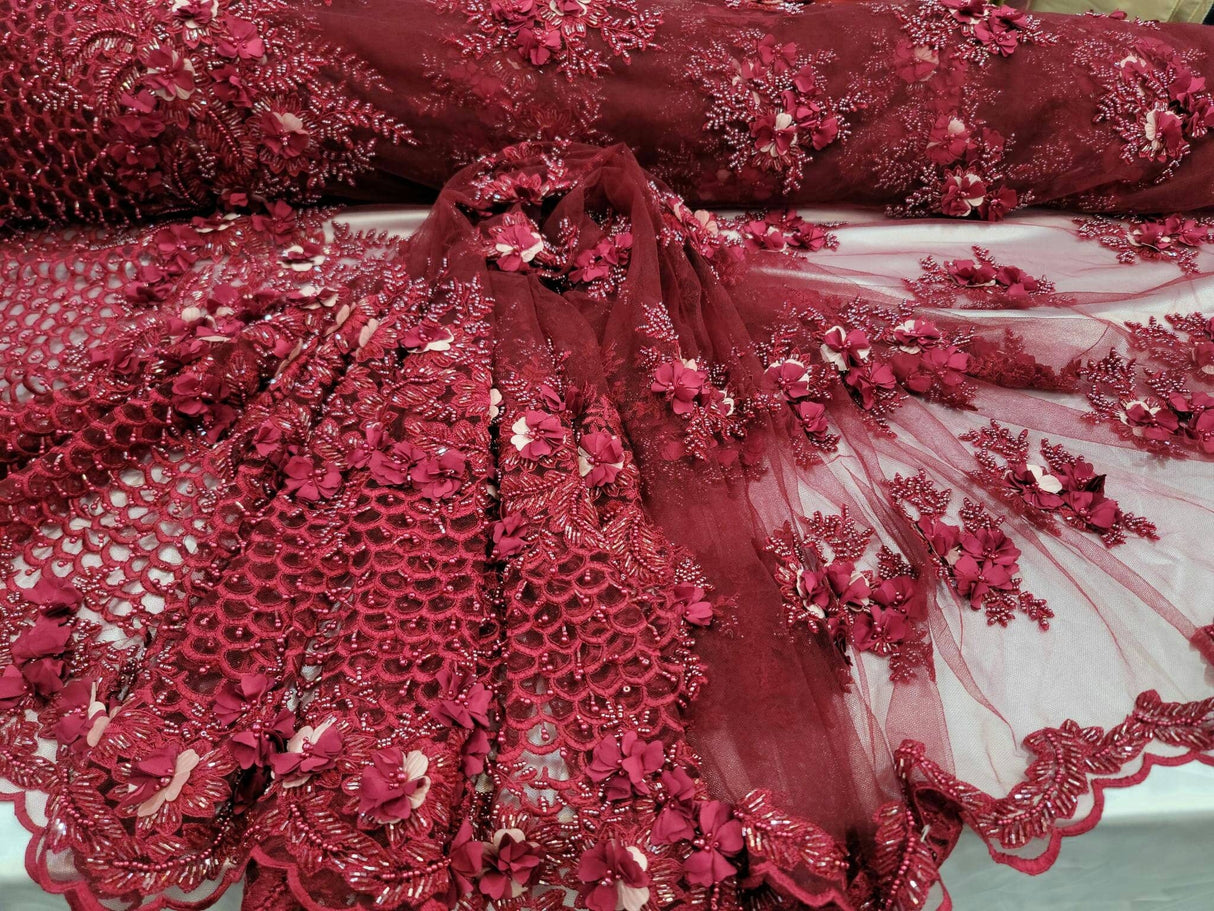 Burgundy Beaded 3D Floral Lace