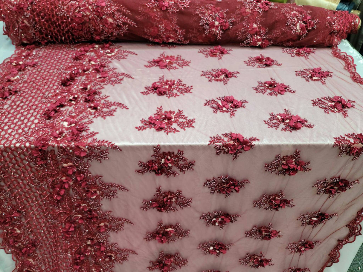 Burgundy Beaded 3D Floral Lace
