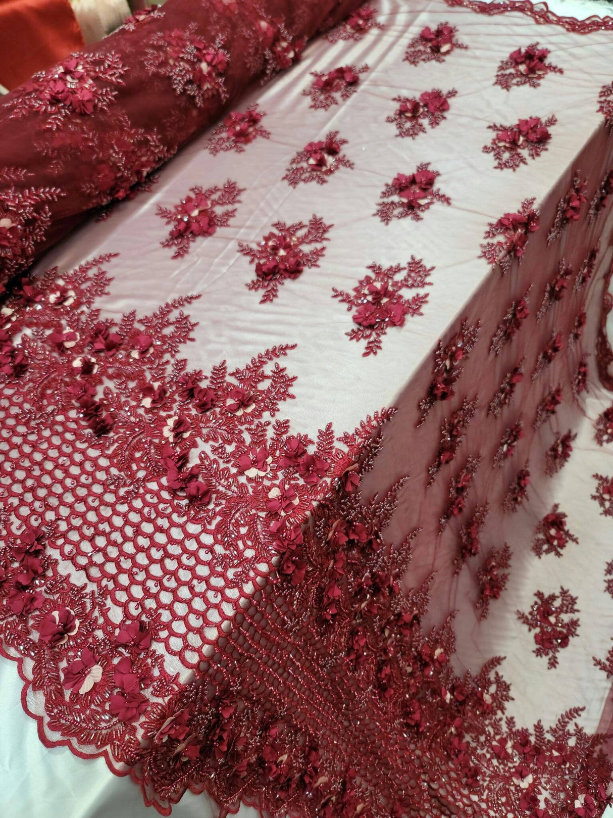 Burgundy Beaded 3D Floral Lace