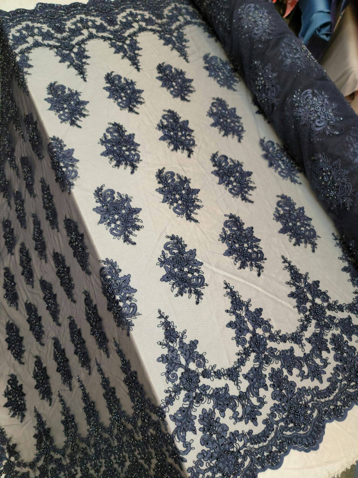 Beaded Lace Embroidery Navy Blue