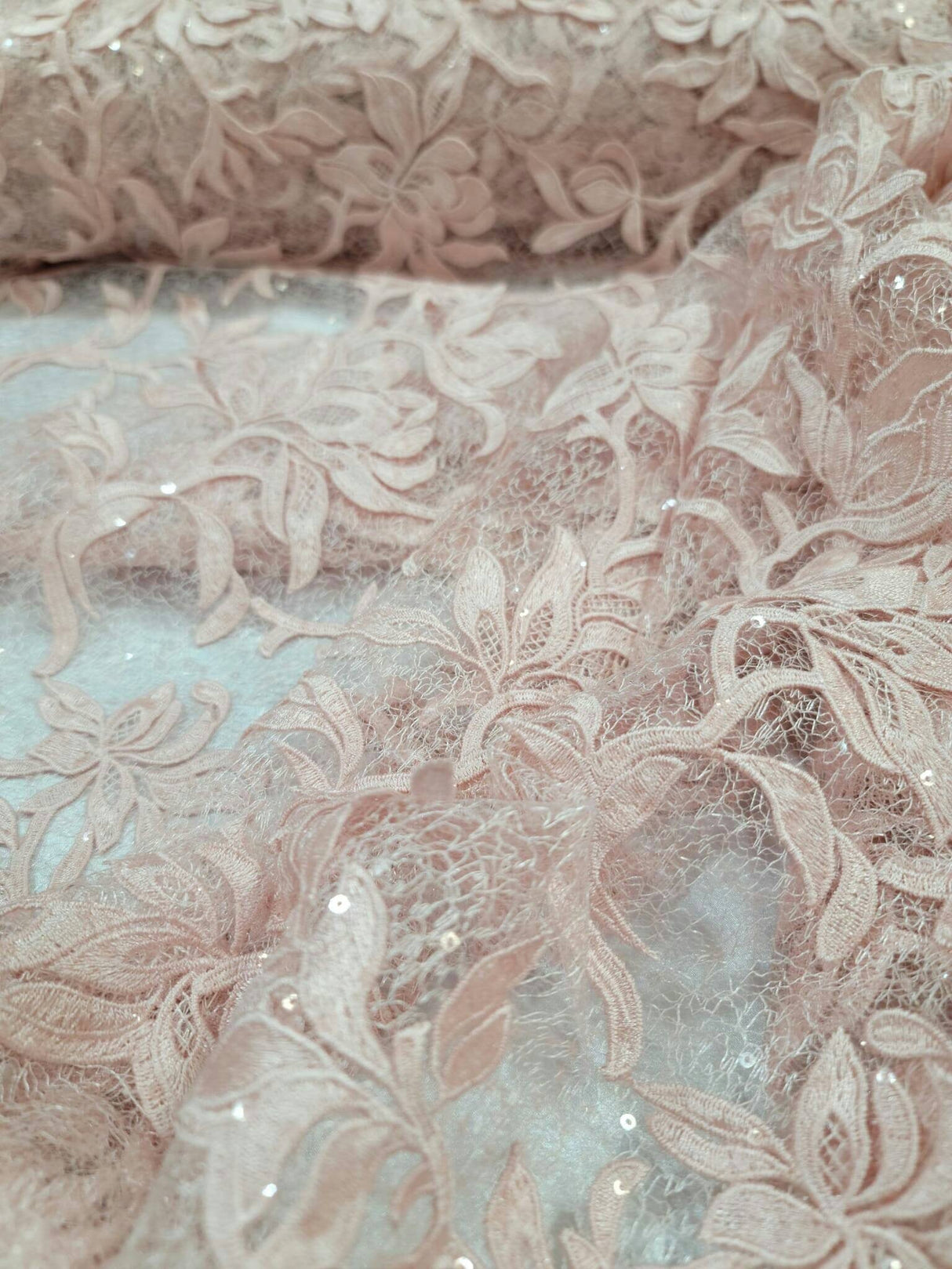 Blush Embroidery Lace Guipure Floral Flowers Clear Sequin Mesh