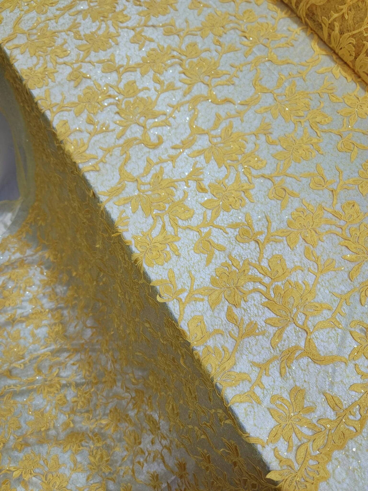 Embroidered Lace Guipure Floral Sequin Mesh Yellow