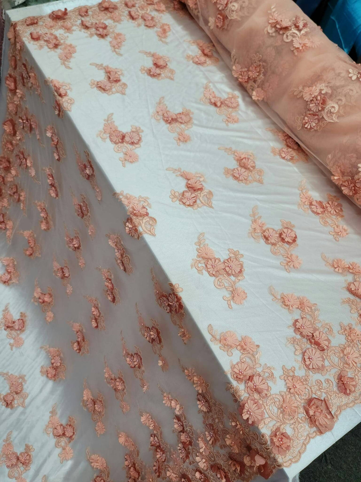 3D Floral Lace Peach Beaded Embroidered Mesh