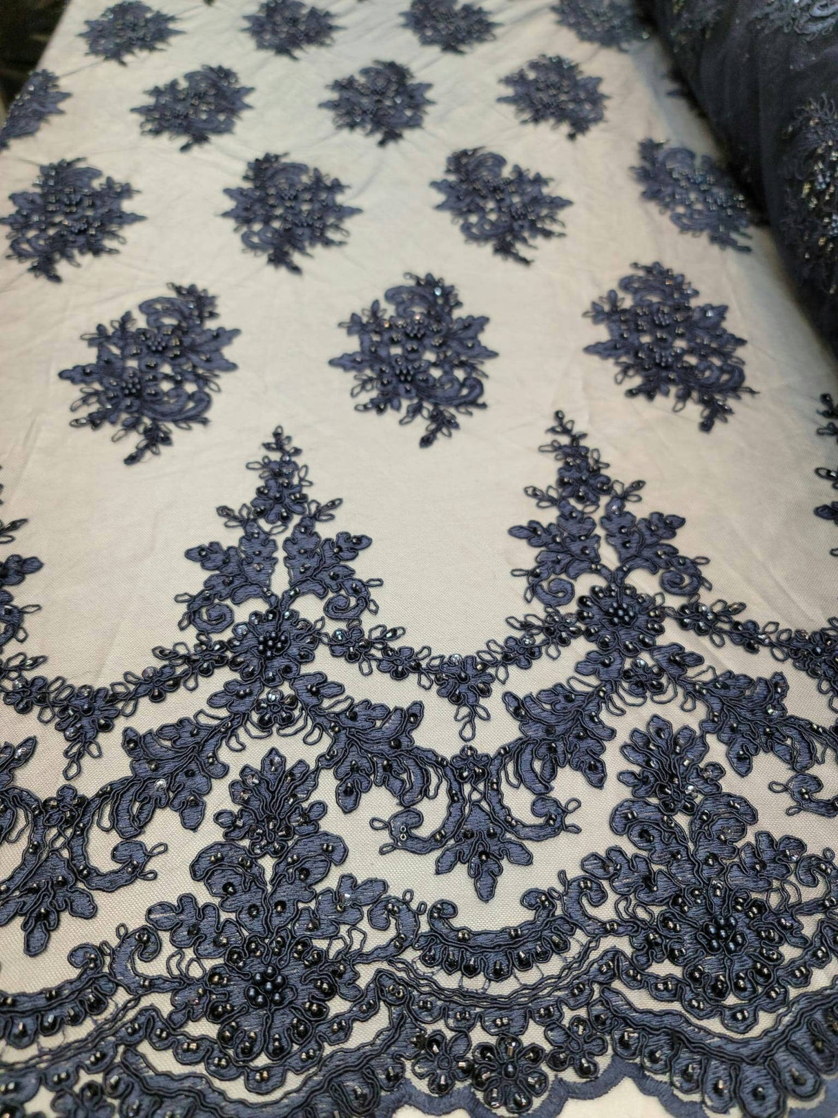 Beaded Lace Embroidery Navy Blue