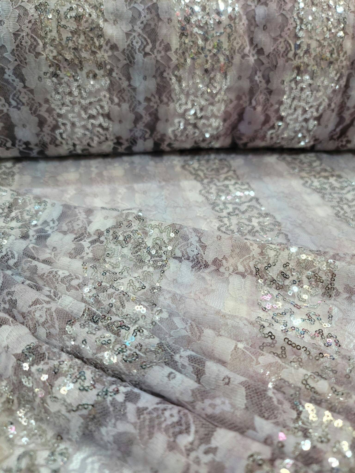 Stretch Lace Floral Flowers Embroidered Silver Sequin Fabric Lavender Pink