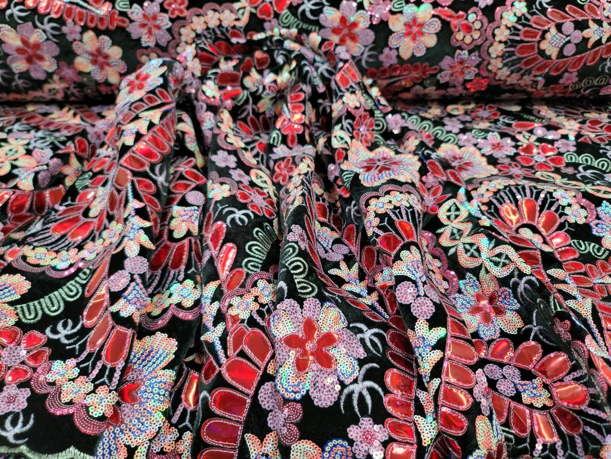 Stretch Velvet Red Iridescent Sequin Floral Fabric