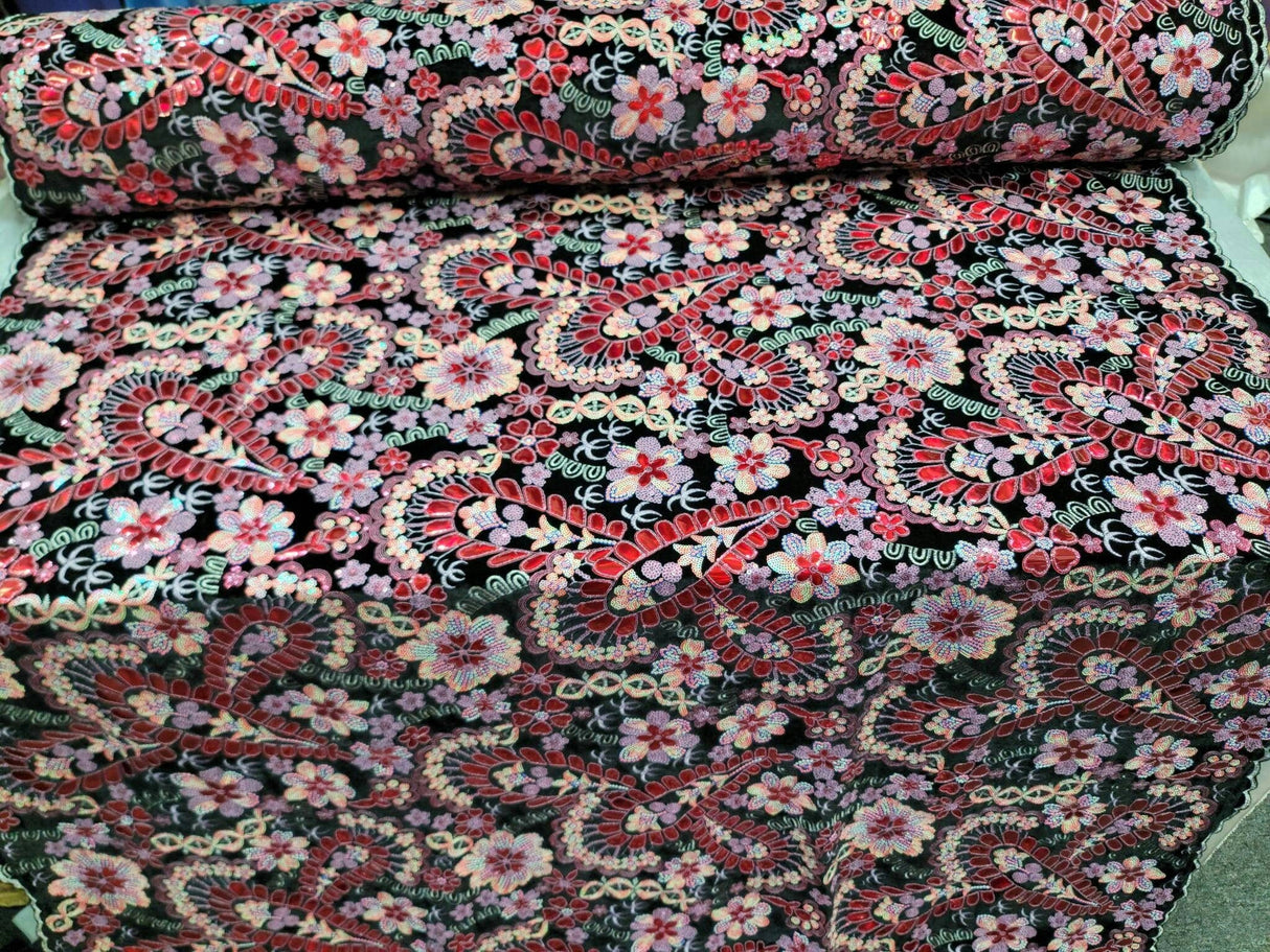 Stretch Velvet Red Iridescent Sequin Floral Fabric