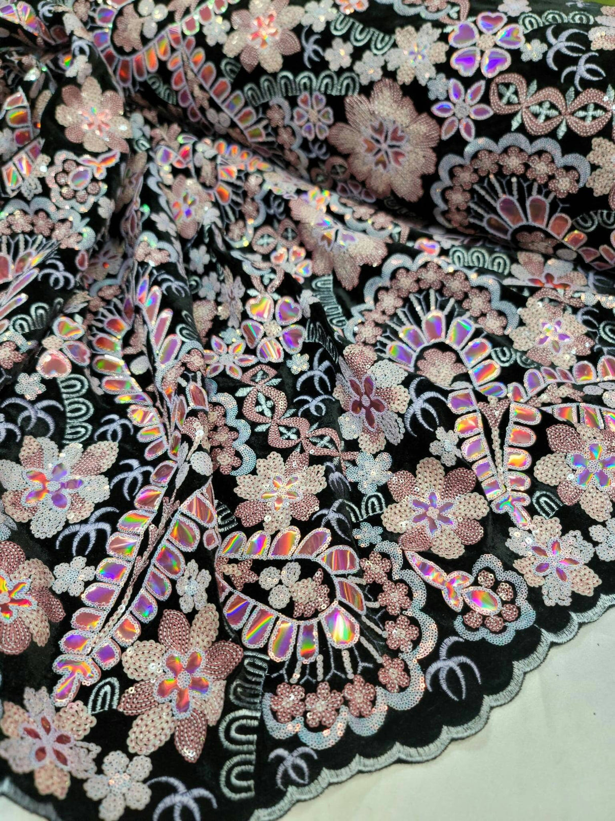 Embroidered Floral Sequin Lace on Black Velvet