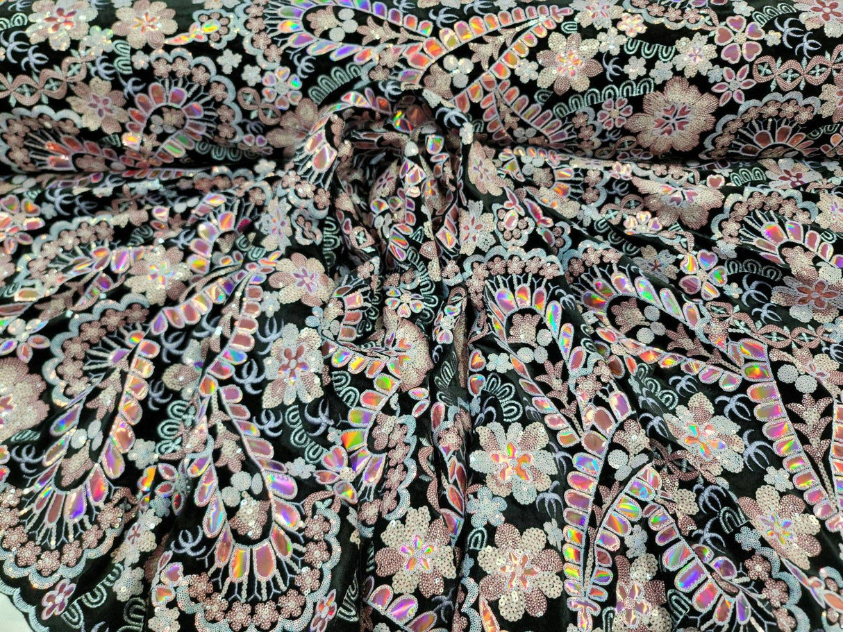 Embroidered Floral Sequin Lace on Black Velvet