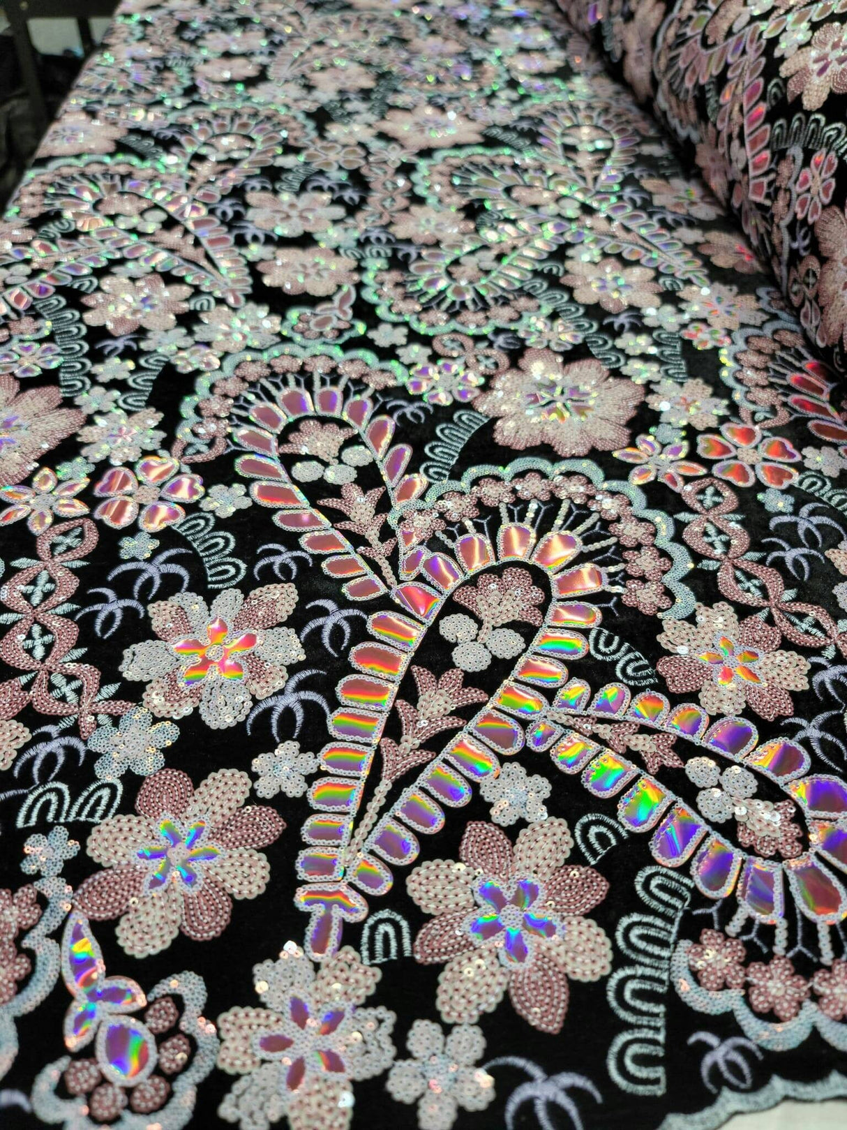 Embroidered Floral Sequin Lace on Black Velvet