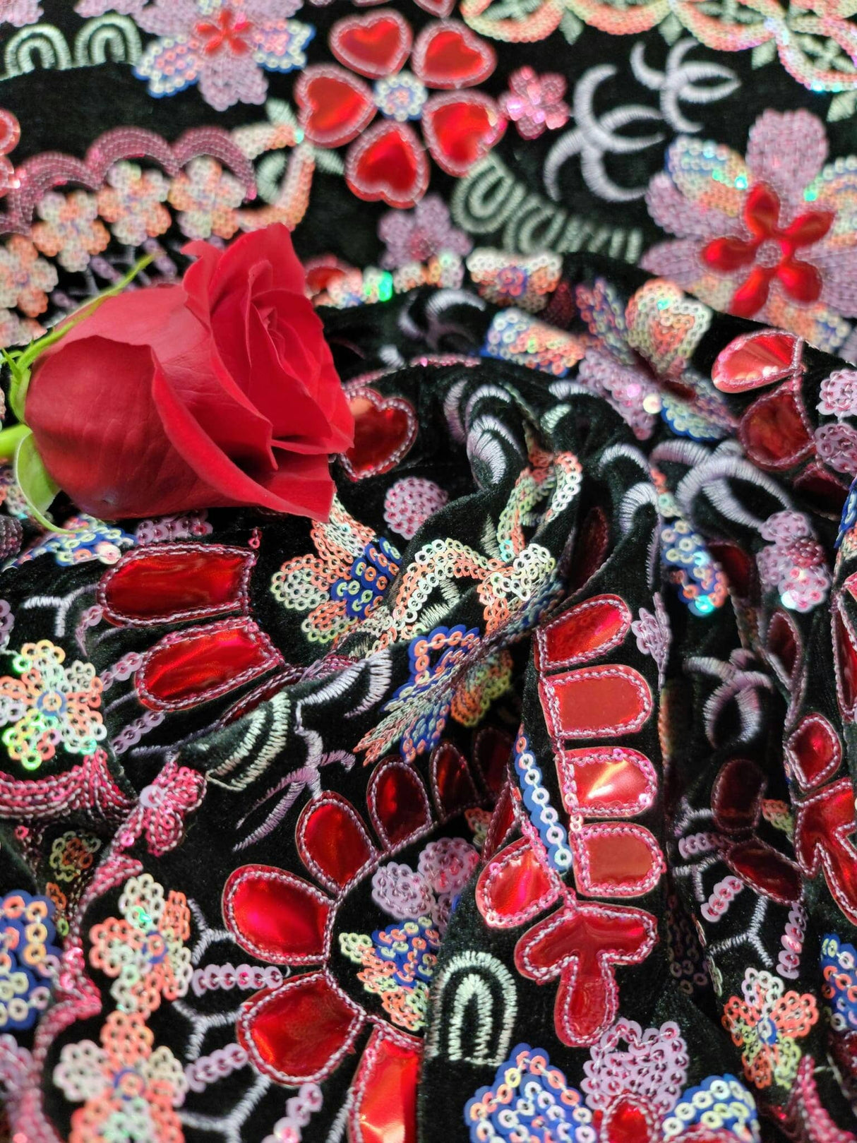 Stretch Velvet Red Iridescent Sequin Floral Fabric