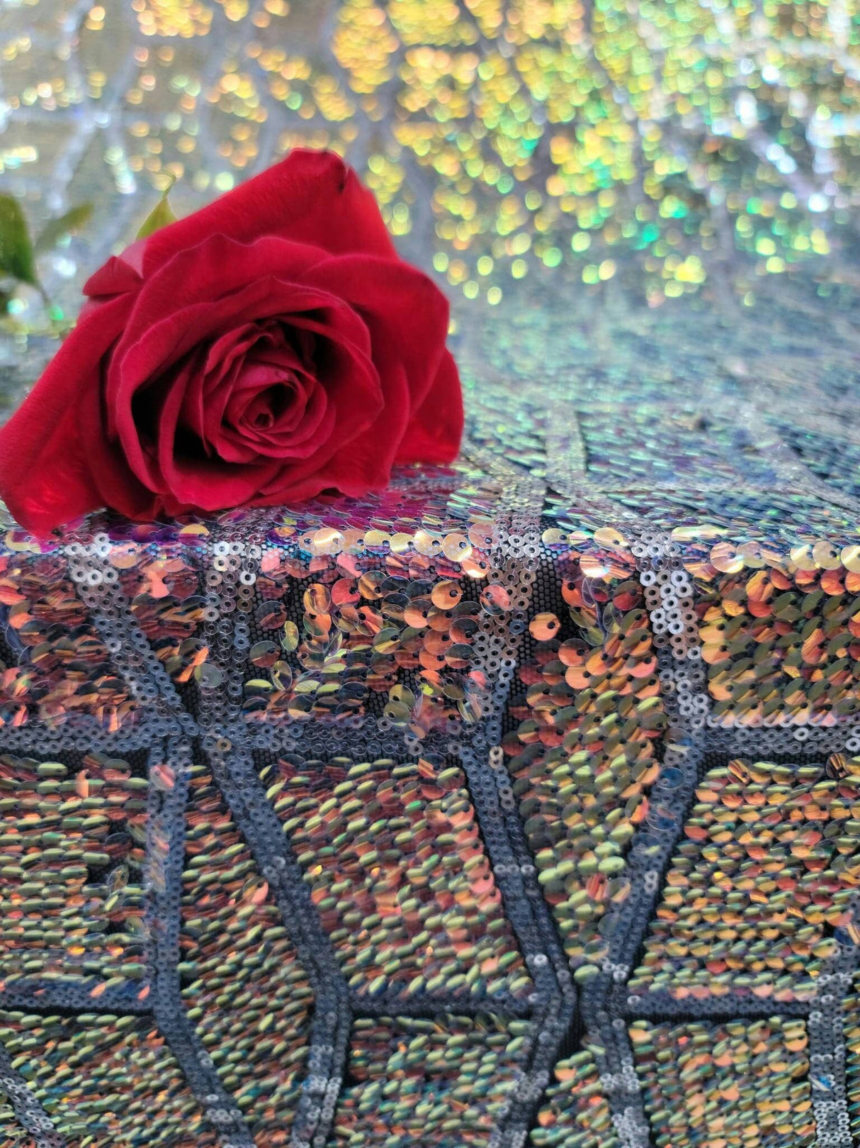 Sequin Embroidered 4 Way Stretch Mesh Rose Gold and Green