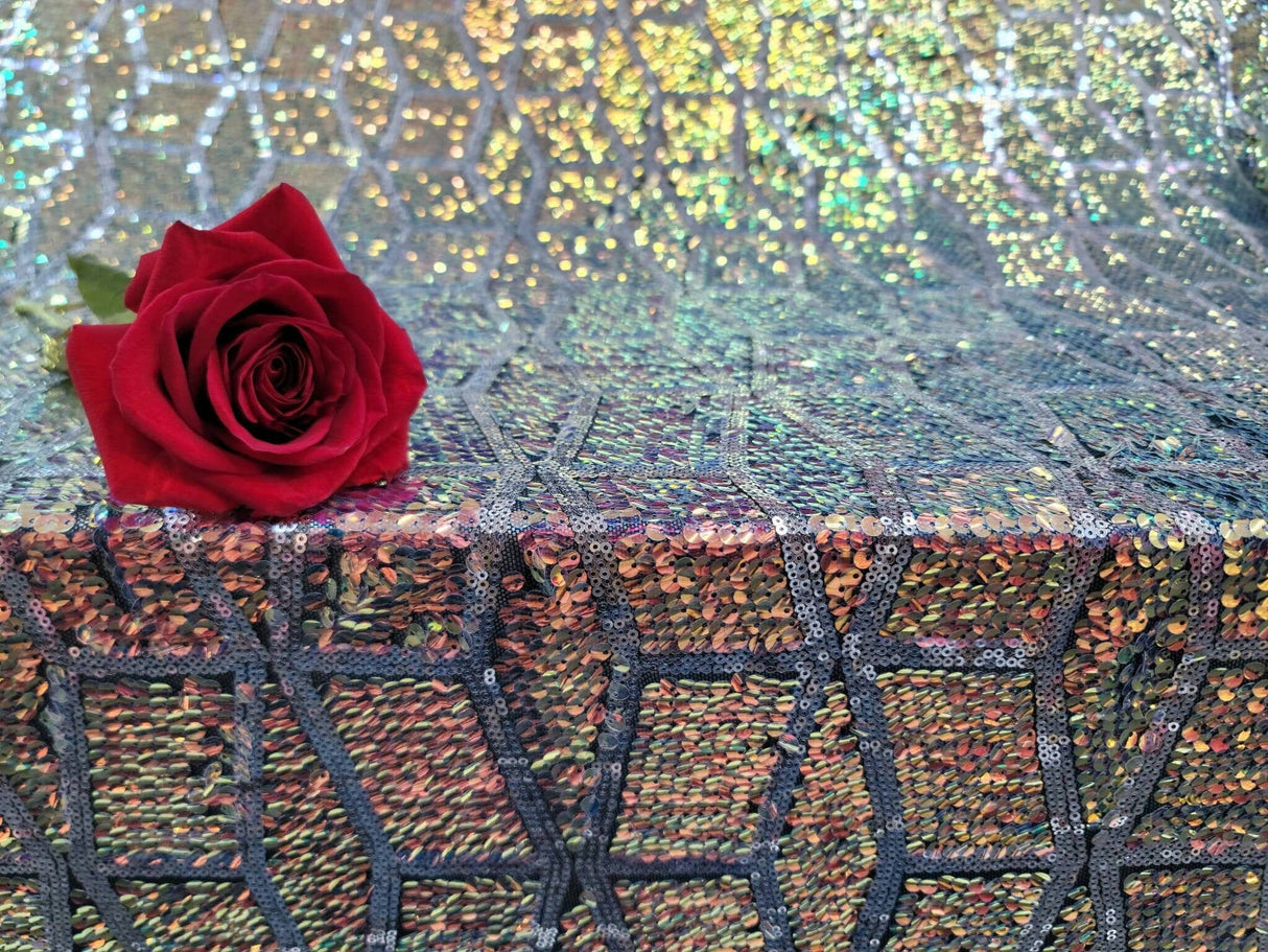 Sequin Embroidered 4 Way Stretch Mesh Rose Gold and Green