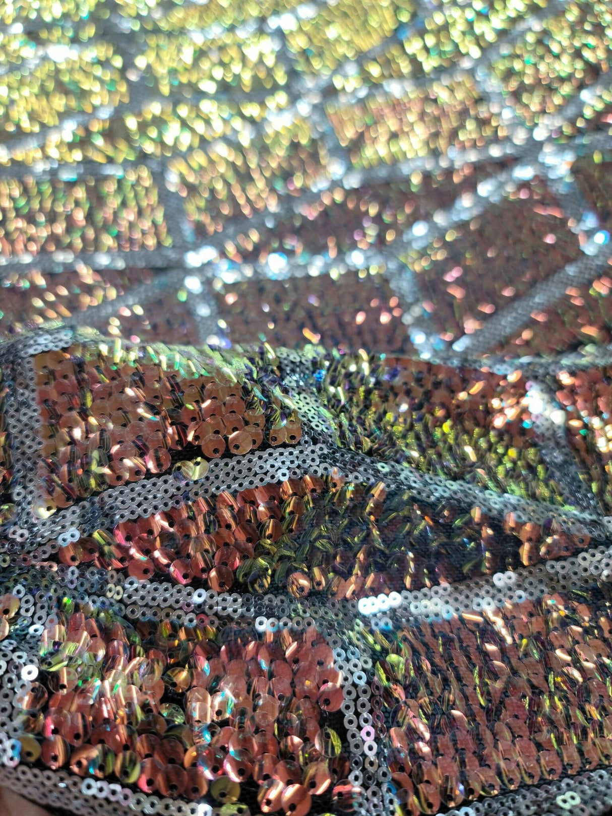 Sequin Embroidered 4 Way Stretch Mesh Rose Gold and Green