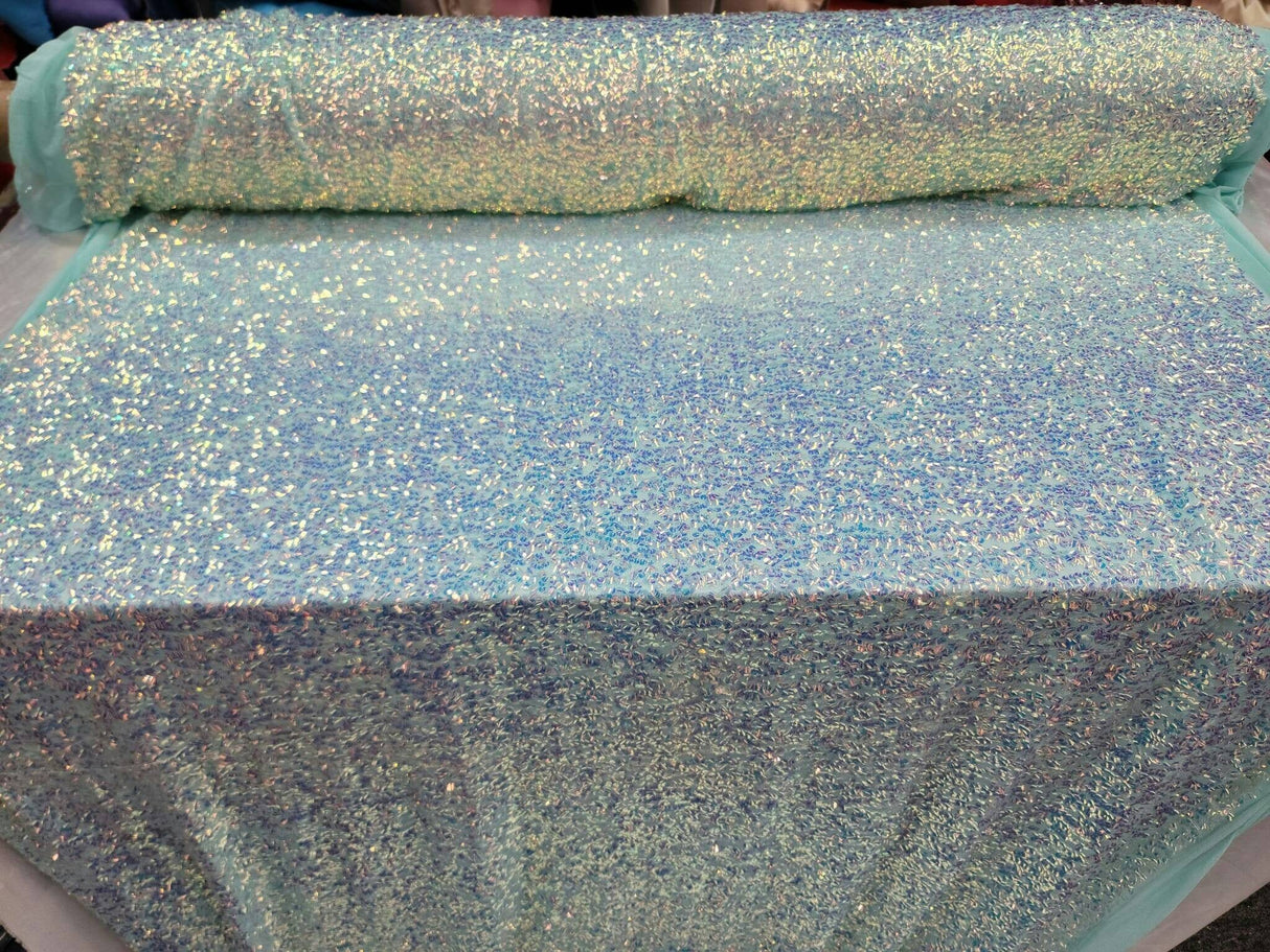 Sequin Iridescent Embroidery 4-Way Stretch Mesh Fabric Mint