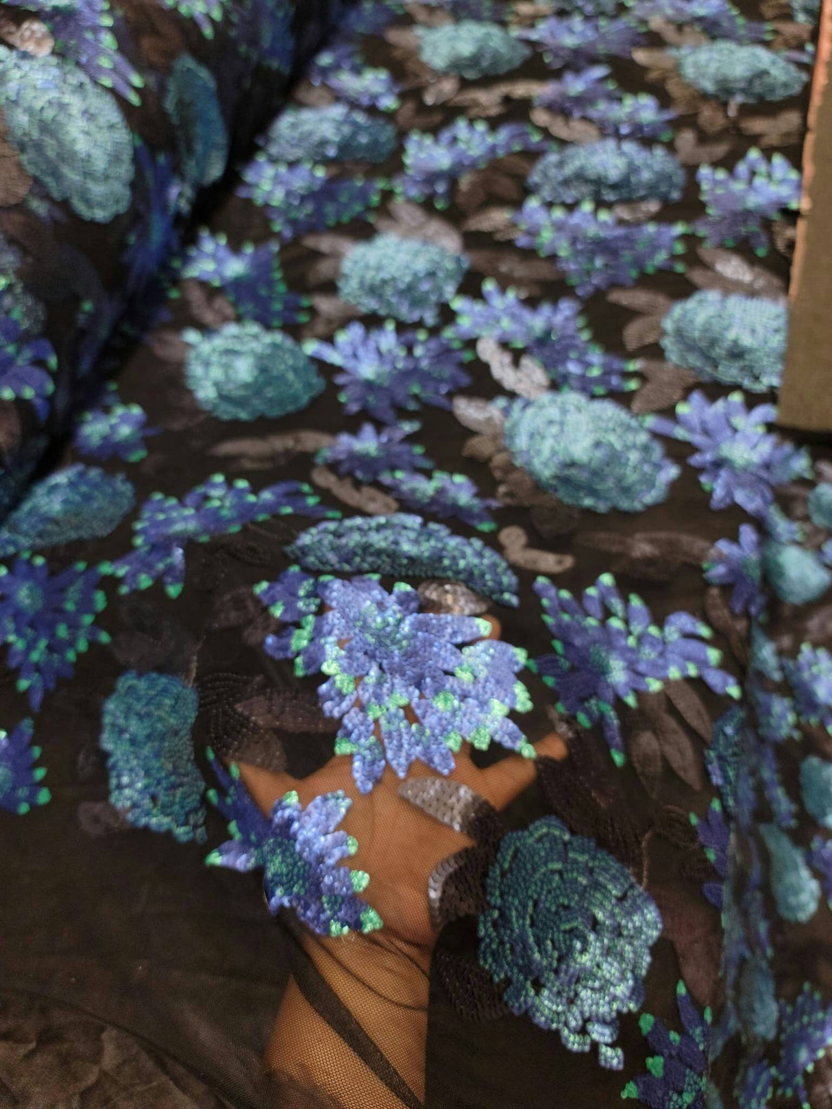 Sequin Lace Black with Blue Teal Flowers