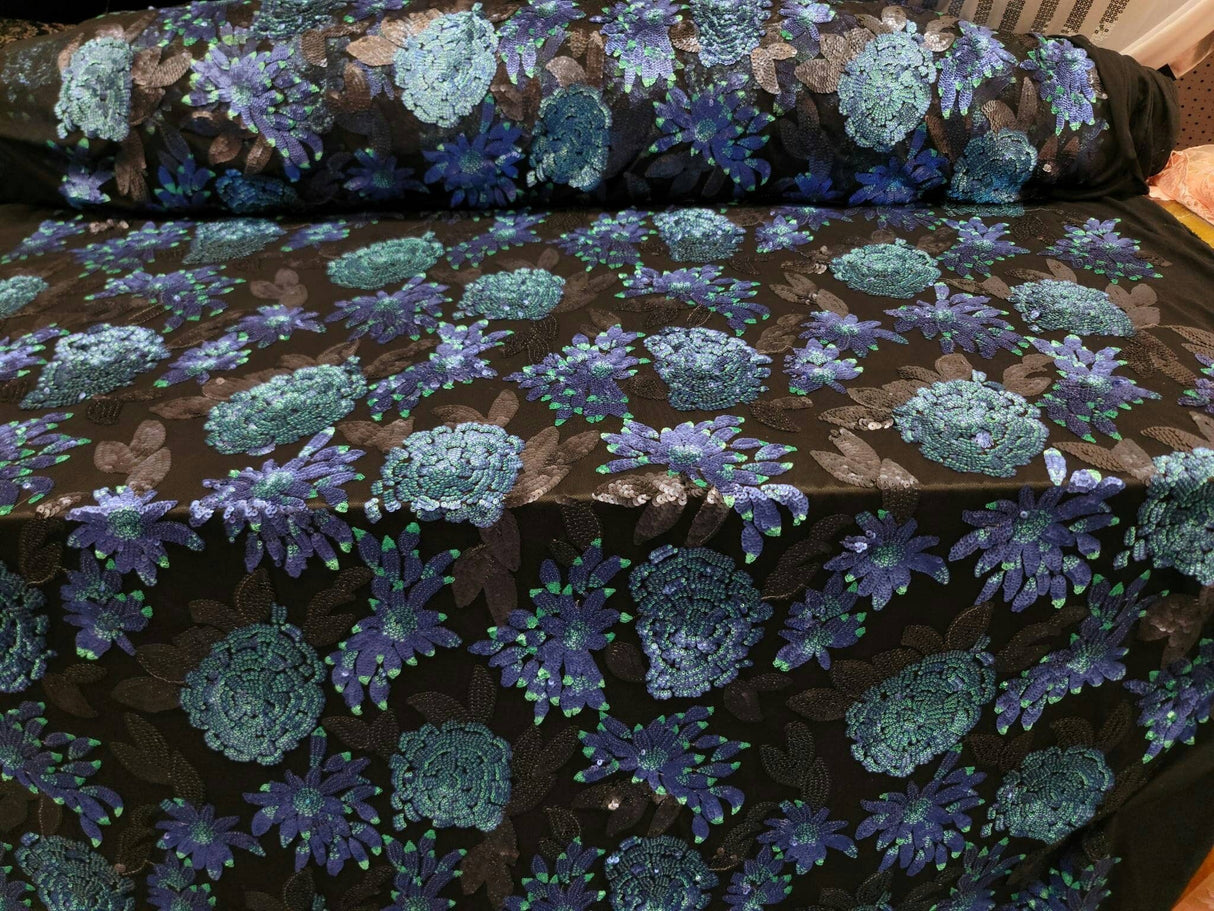 Sequin Lace Black with Blue Teal Flowers