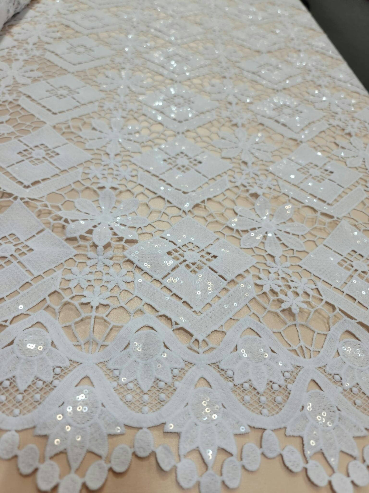 Embroidered Guipure Lace Clear Sequin White