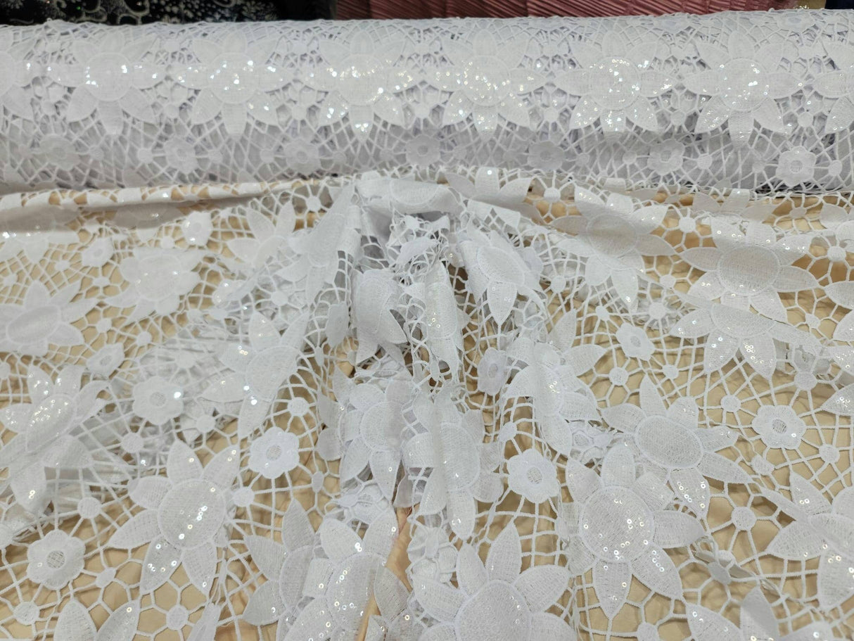 Embroidered Lace Clear Sequin White